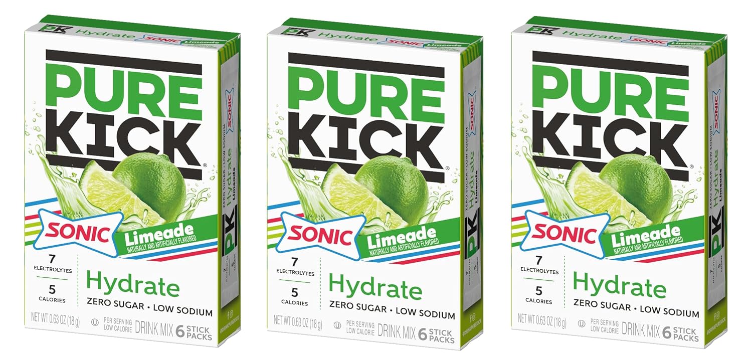 Pure Kick Sonic Limeade - Pack of 3-18 Servings - Powdered Drink Mix - Low Calorie and Zero Sugar - Refreshing Drink Anywhere and Anytime - Low Sodium