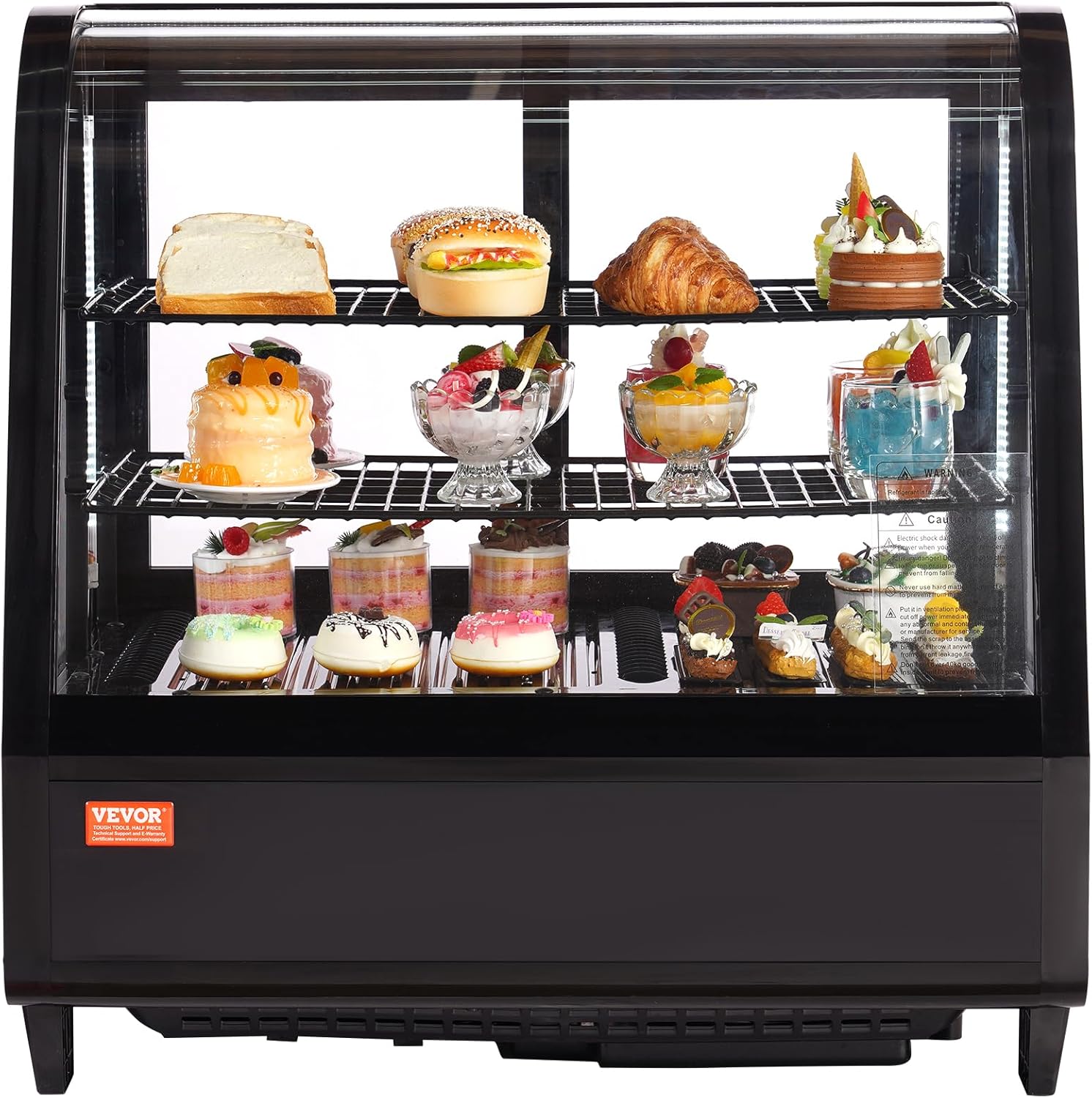VEVOR 3.5 Cu.Ft Countertop Pastry Case Commercial Display Refrigerator with LED Lighting, Turbo, Frost-Free Air-Cooling, Rear Sliding Door, Curved, Black