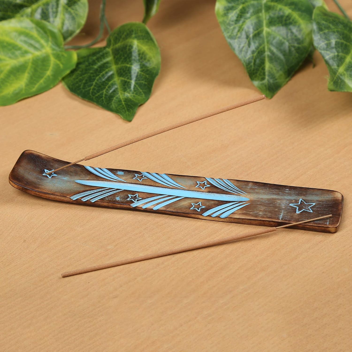 STORE INDYA Handmade Wooden Incense Holder Burner with Blue Hand Painted Pattern/Ash Catcher for Incense and Joss Sticks/Great Gift for Any Occasion - Size 10x1.5 inch