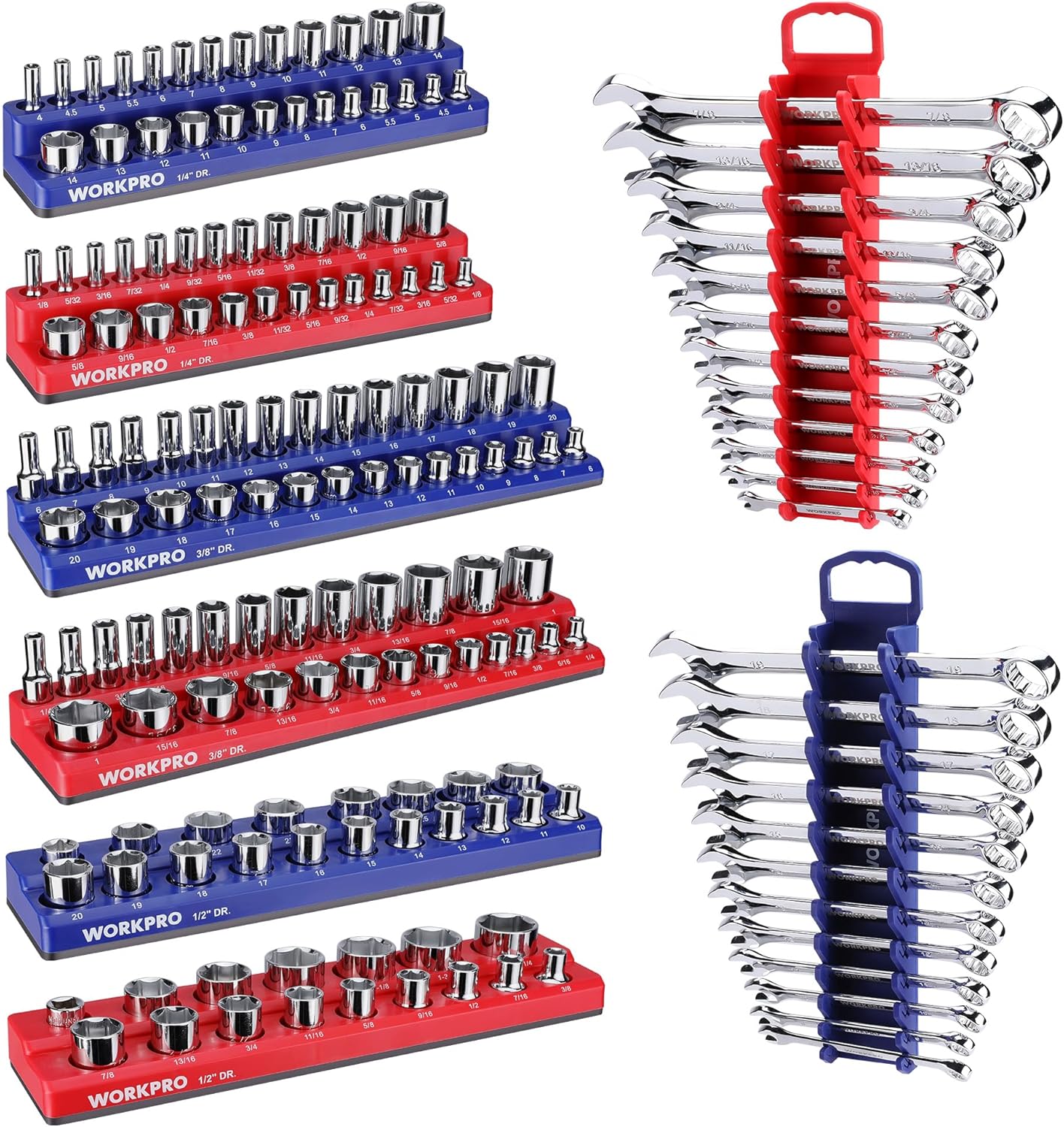 WORKPRO 8-Piece Magnetic Socket Organizer and Magnetic Wrench Organizer Set, Socket Holder Set 1/4", 3/8", 1/2" Drive Metric SAE Socket Storage, Metric SAE Wrench Holder(Socket, Wrench not Included)