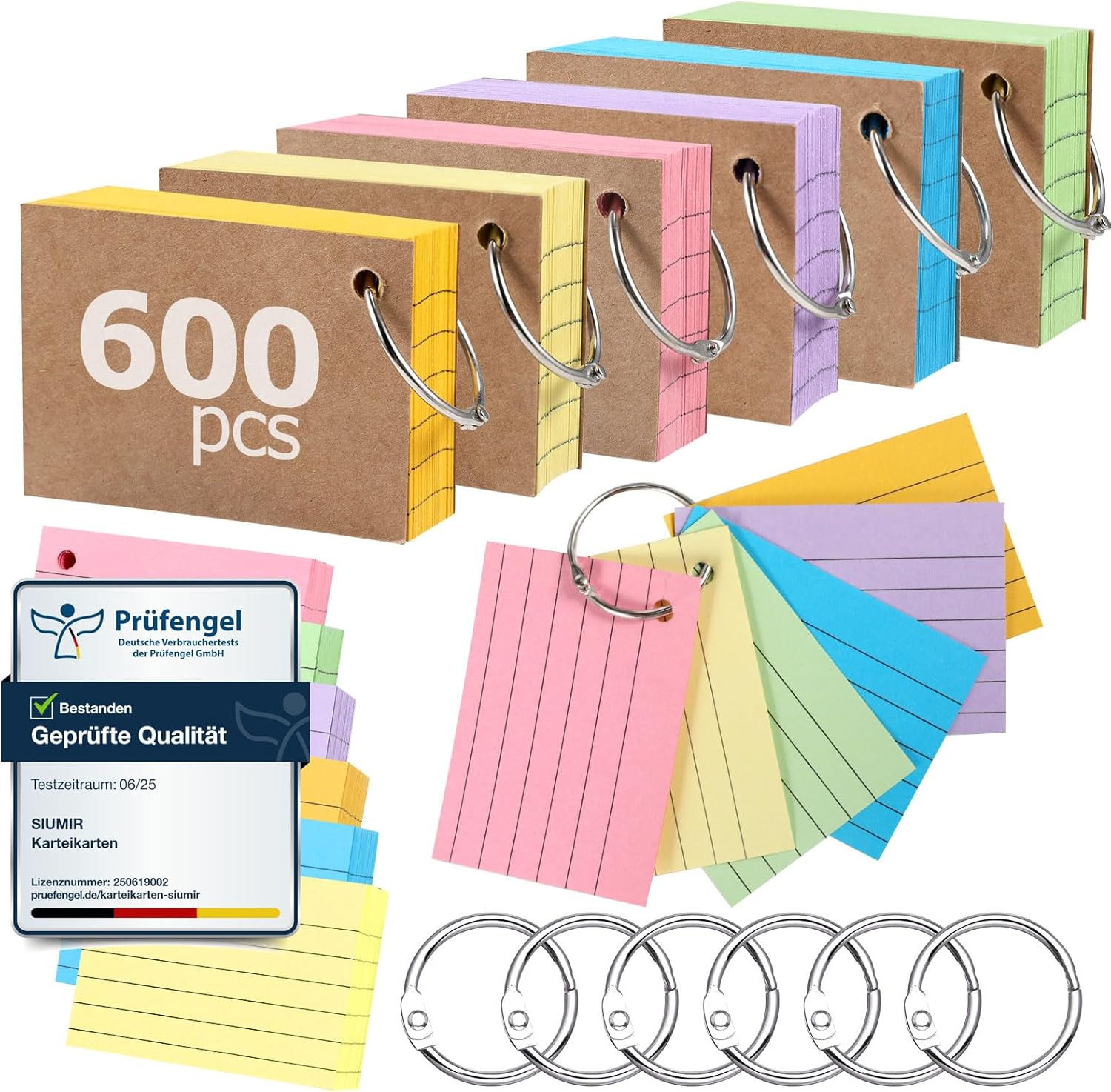 Siumir 600 PCS Flash Cards, Double-Sided Printing, A8 Revision Cards with Kraft Cover and Loose-Leaf Ring, Six-Color Ruled Index Cards Paper for Office&Home&School（2.9 * 2inch）