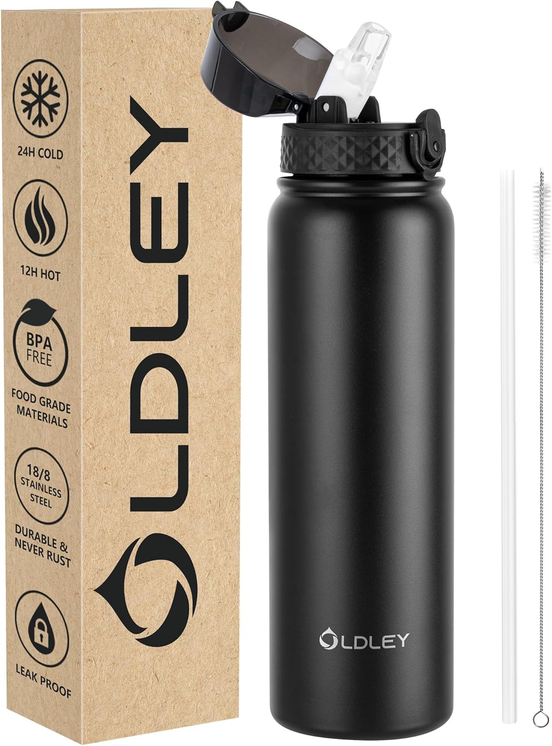 OLDLEY Stainless Steel Water Bottle with Straw 1L Vaccum Insulated Large Drink Flask Metal Water Bottles 1 Litre Leakproof Keep Drinks Hot Cold for Bike Sports Gym Adult Women Men(Black,1 Lid)