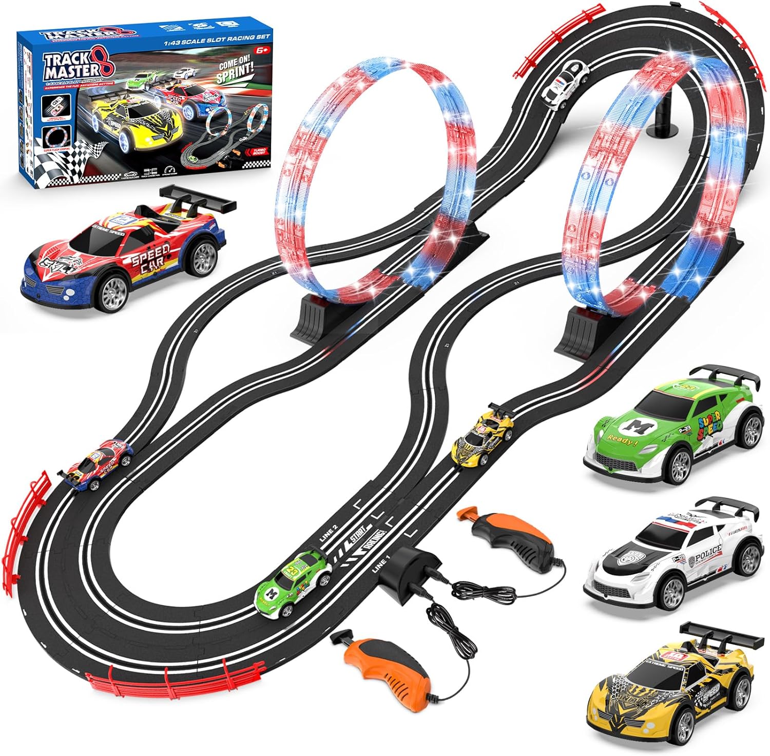 2-in-1 Slot Car Race Track Set with 4 High-Speed Cars, Electric Track, Dual Racing Game with 2 Controllers, Circular Overpass Design Featuring Flash Tracks. Toy Gift for Boys Kids Ages 4-6 6-8 8-12
