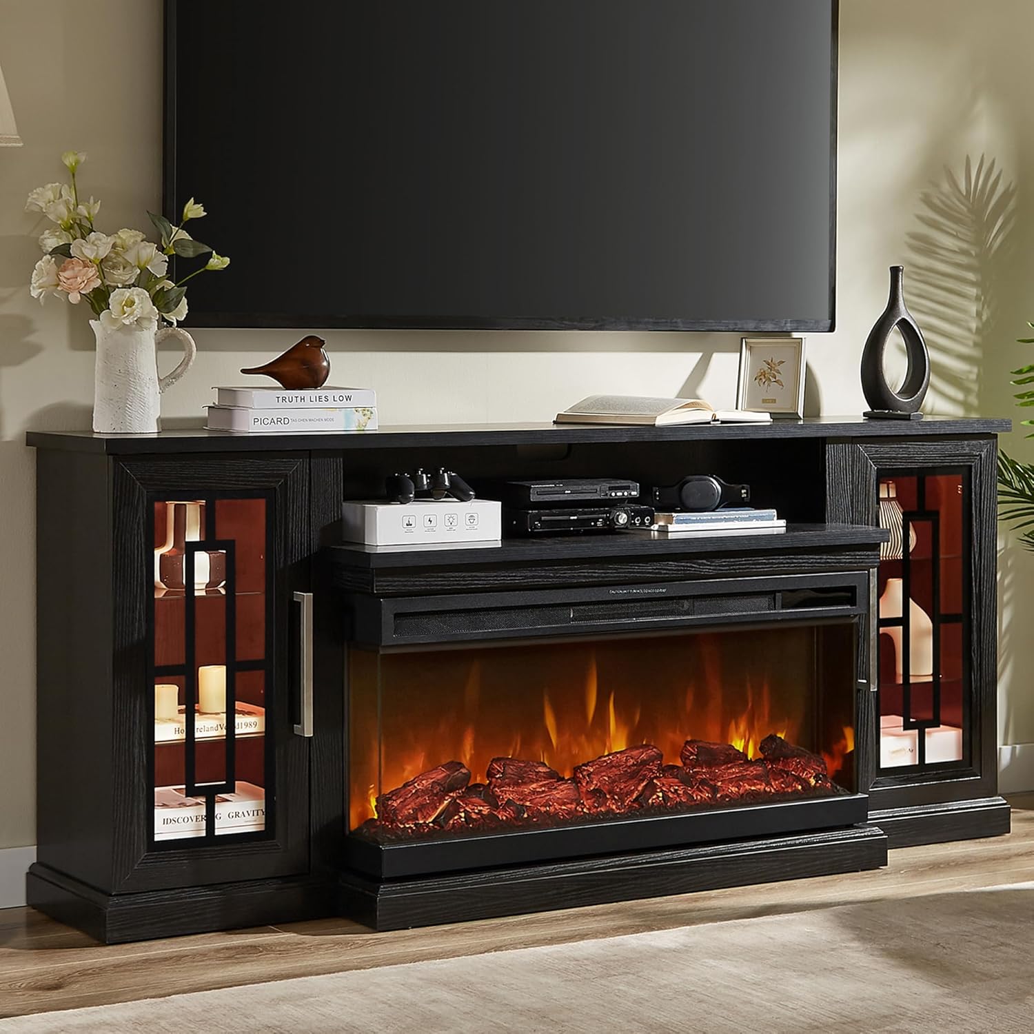 75 Inch Electric Fireplace TV Stand, 3- Side Glass LED Modern Media Entertainment Center Console Table for TVs up to 80/85 Inch w/Adjustable Flame, 40’’ Fireplace, Highboy, Black