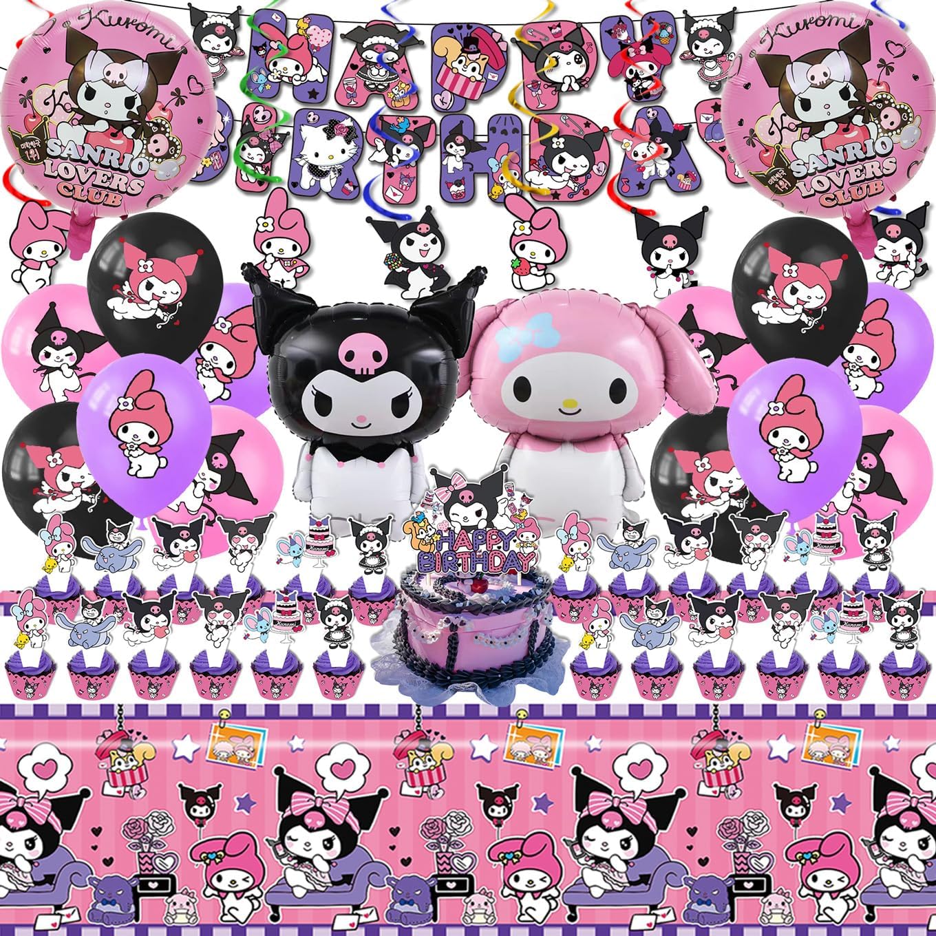 AVONO Kuromi Birthday Party Supplies, Party Decorations Set Include Banner, Balloons, Hanging Swirls, Cake Cupcake Toppers, Tablecloth for Girls Kuromi Theme Party