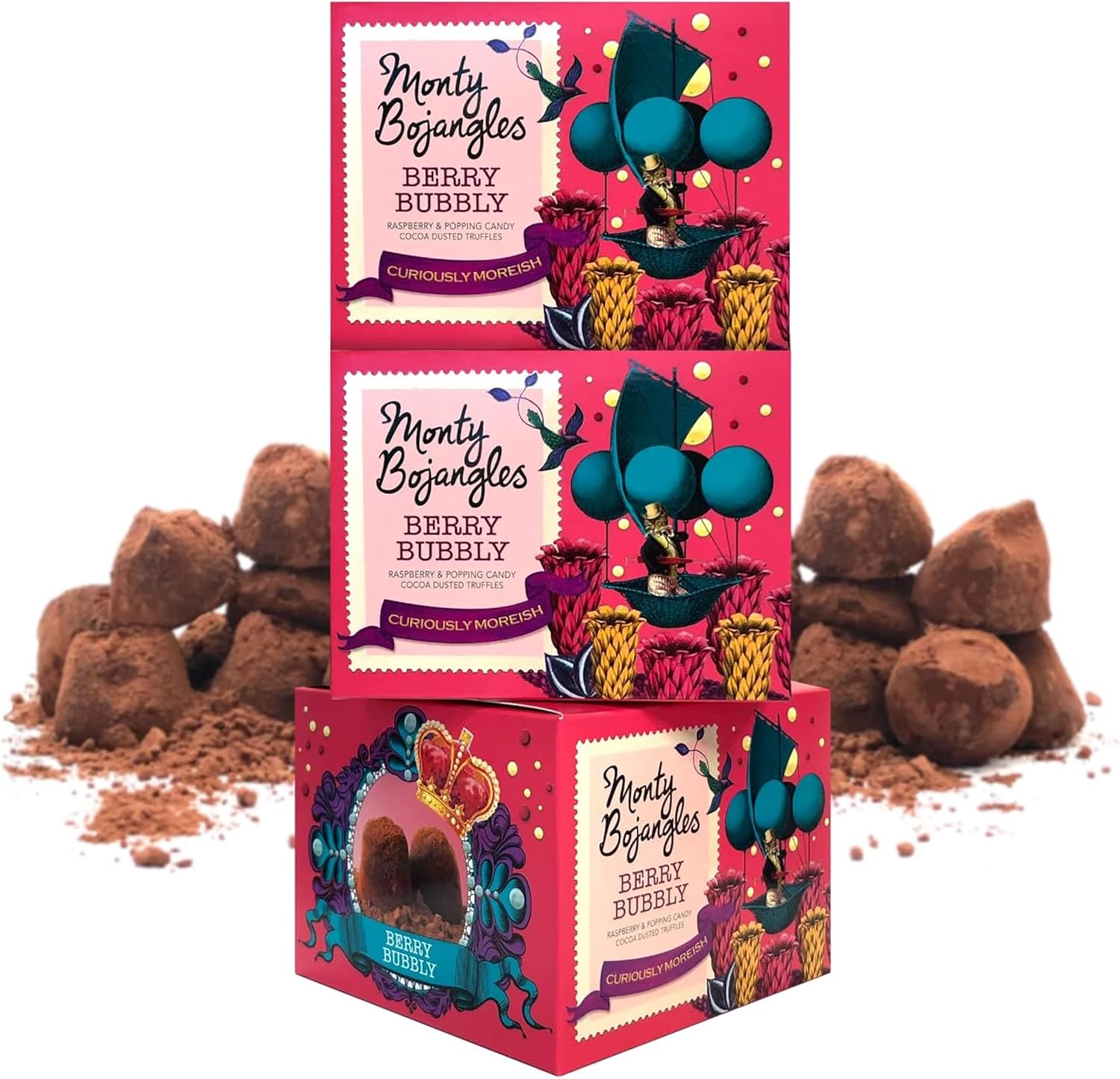 Monty Bojangles Berry Bubbly Cocoa Dusted Chocolate Truffles (3 x 100g Chocolate Gift Box) - Raspberry & Popping Candy Flavoured Chocolatey Truffles - Award Winning Luxury Chocolates Gift Set