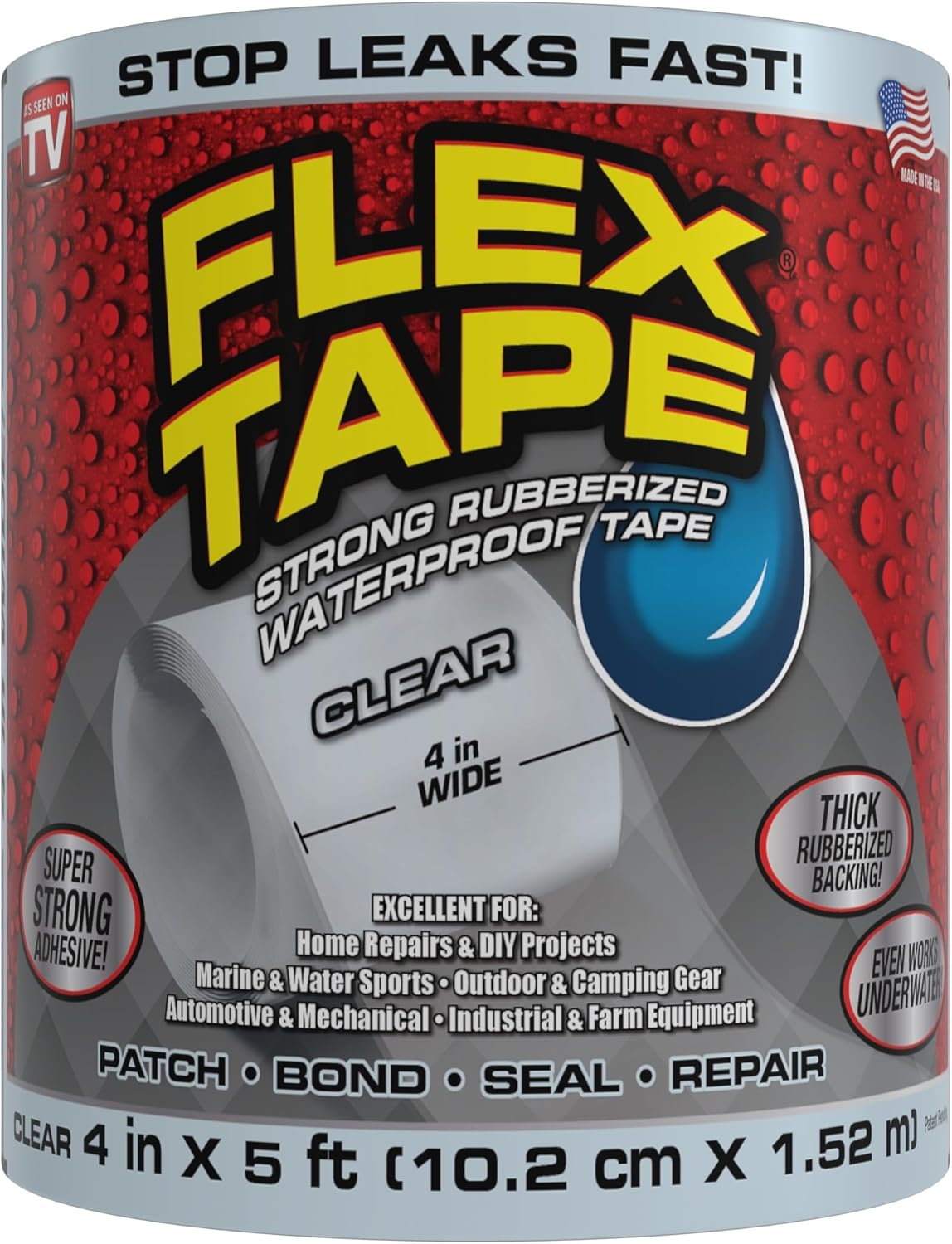Flex Tape, Original Thick Flexible Rubberized Waterproof Tape - Seal and Patch Leaks, Works Underwater, Indoor Outdoor - Home RV Roof Plumbing and Pool Repairs, Clear, 4 in x 5 ft, Pack of 1