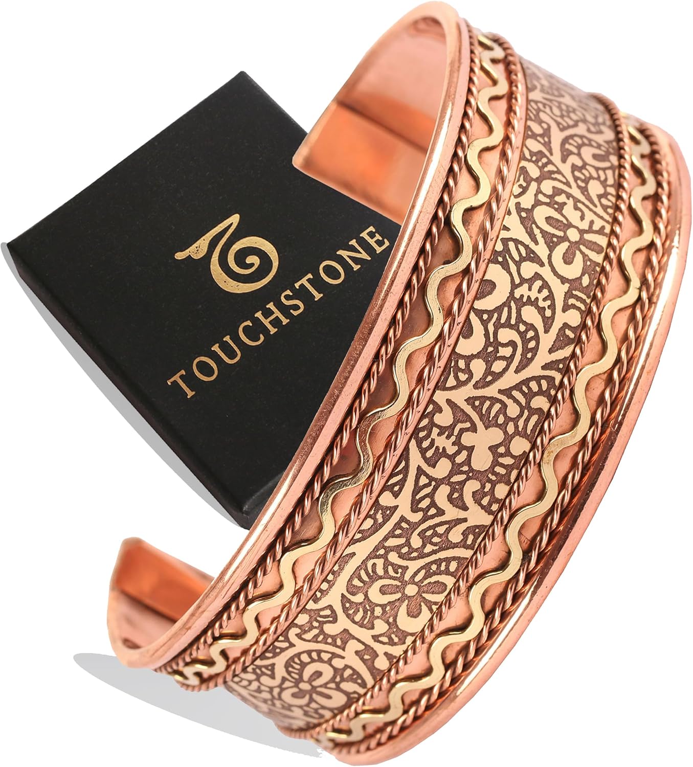 Touchstone handcrafted copper bracelet. Hand forged with solid and high gauge Tibetan style engraved cuff pure copper jewelry for women men. Beautiful embossed design
