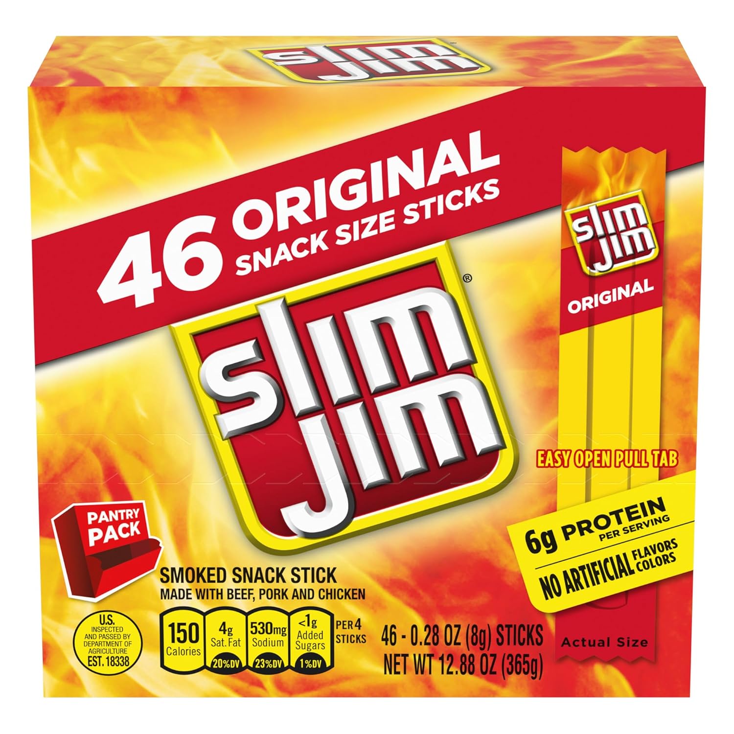 Slim Jim Smoked Meat Sticks, Original Flavor, 6g Protein Per Serving, Snack Size, 0.28 oz. (46 Count)