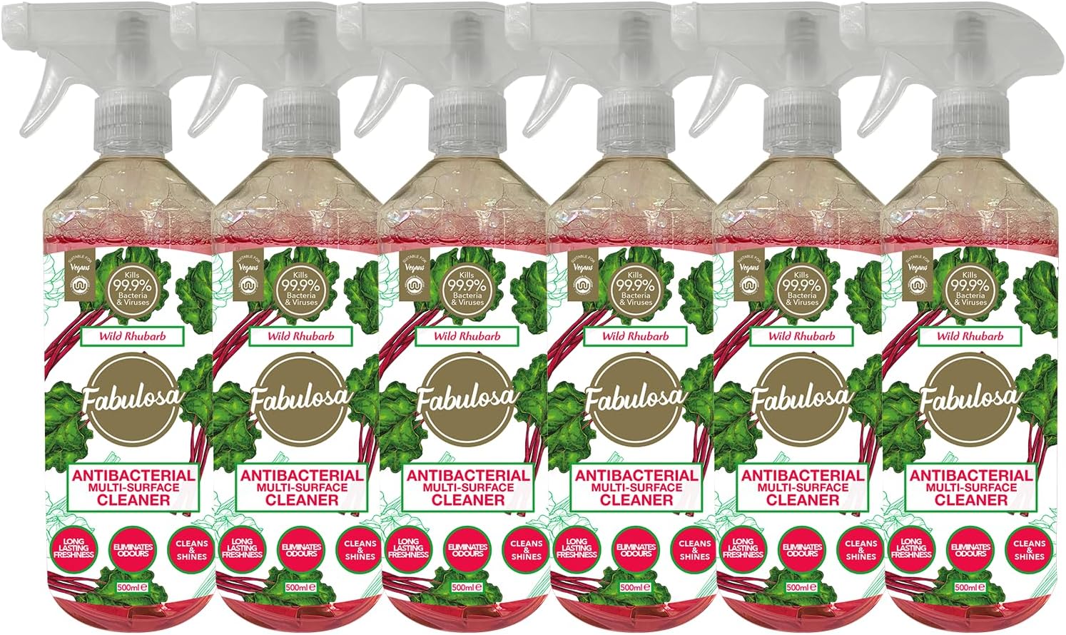 Fabulosa Multi-Purpose Anti-Bacterial Disinfectant Trigger Spray with Long Lasting Fragrance, 500ml, 6 Pack, Wild Rhubarb
