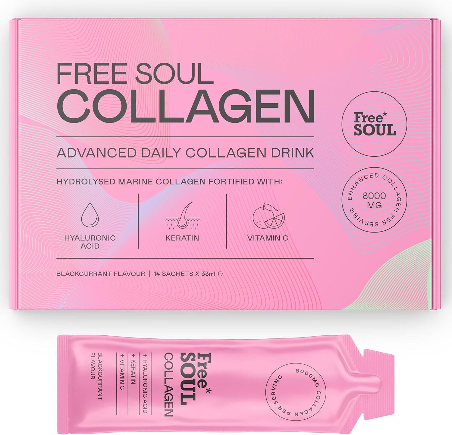 Marine Liquid Collagen 8000mg with Hyaluronic Acid, Keratin, & Vitamin C | 14 x 8000mg Hydrolysed Collagen Peptides Sachets | High Absorption Collagen Liquid Supplement by Free Soul