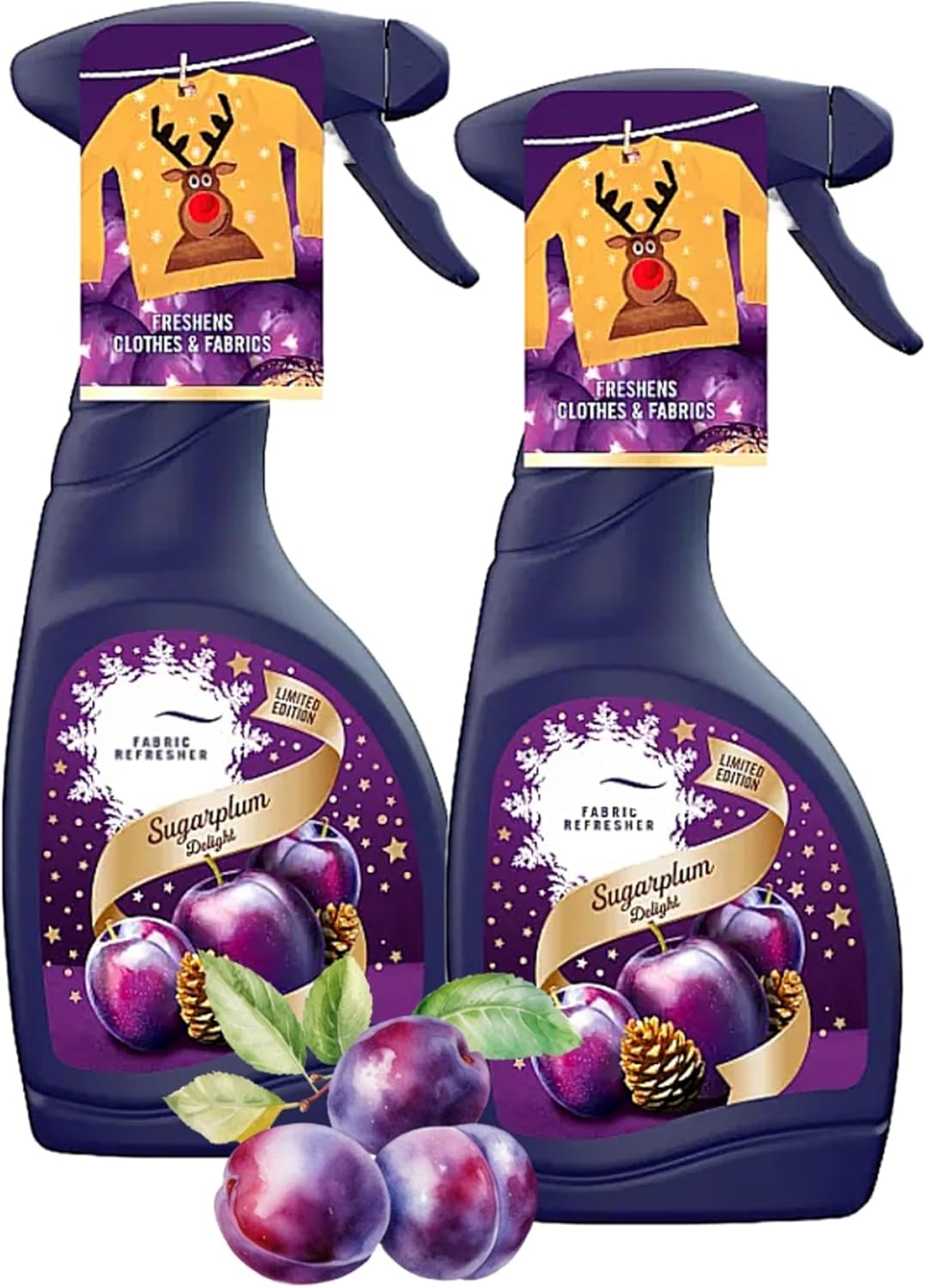 Fabric Freshener Room Spray Bundle - Pack of 2 x 500ml Limited Edition Sugarplum Delight Fabric Spray, Carpet Freshener, Odour Eliminator with Topline Card. Room Freshener for Home Bulk Buy