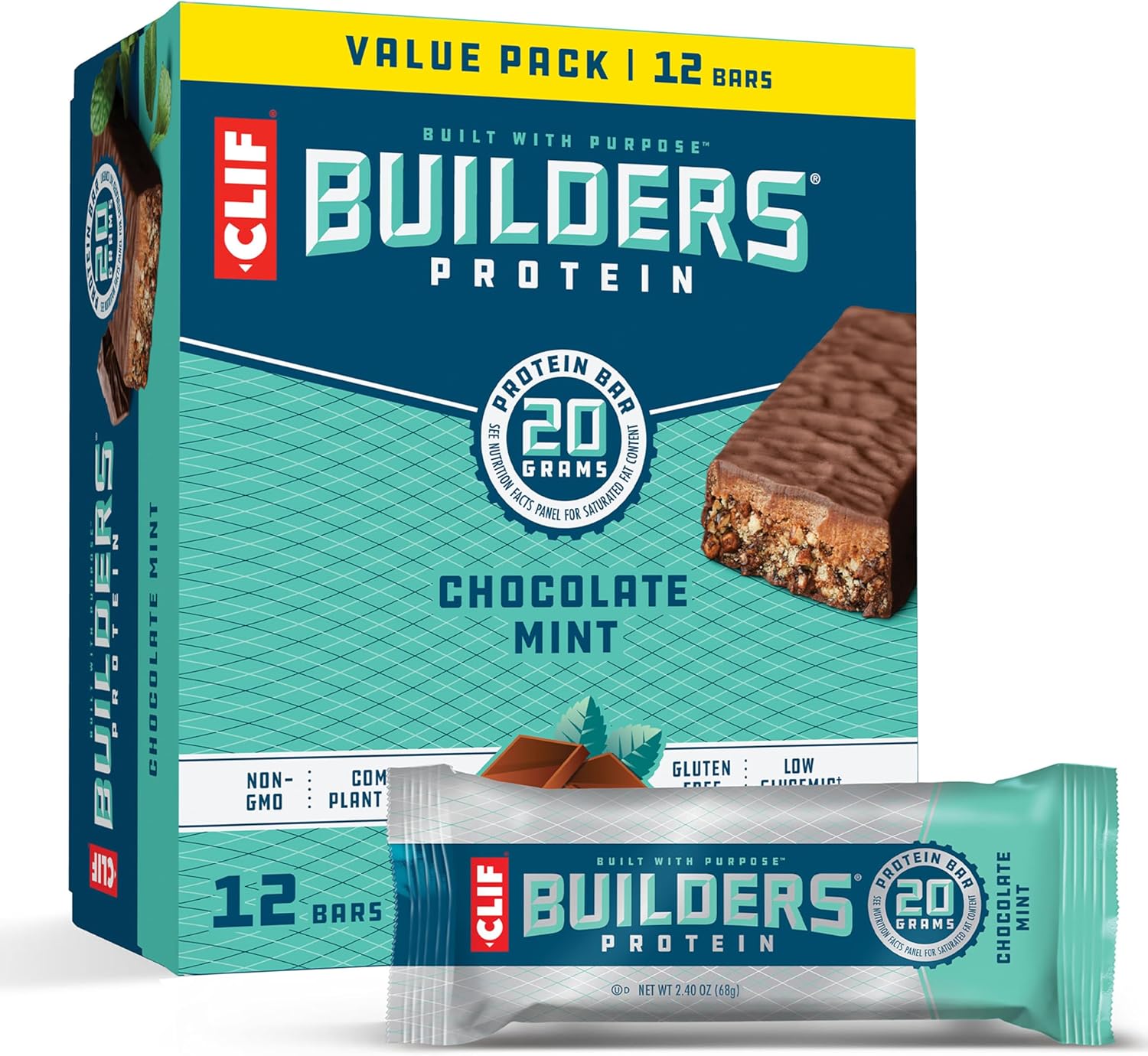 Clif Builder's - Chocolate Mint Flavour - Vegetable Protein Bars - Gluten Free - GMO Free - Low Glycemic - 20g Protein - 68ml (Pack of 12)