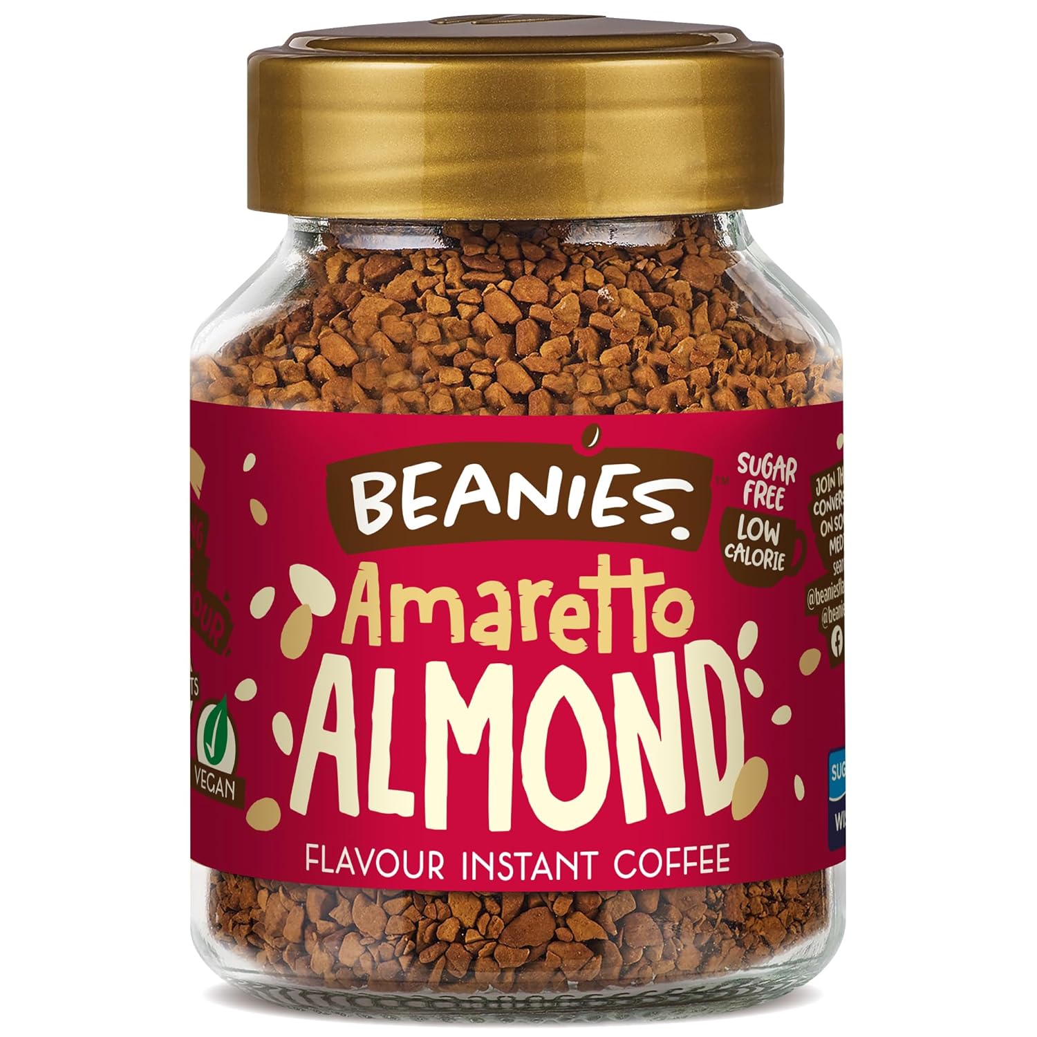 Beanies Flavour Instant Coffee - Ameretto Almond Instant Flavored Coffee - Bold & Adventurous Full-On Flavor - An Indulgent Sugar Free Taste Explosion - Low Calorie - Vegan & Gluten Free - Wheat & Dairy Free, 50g jar