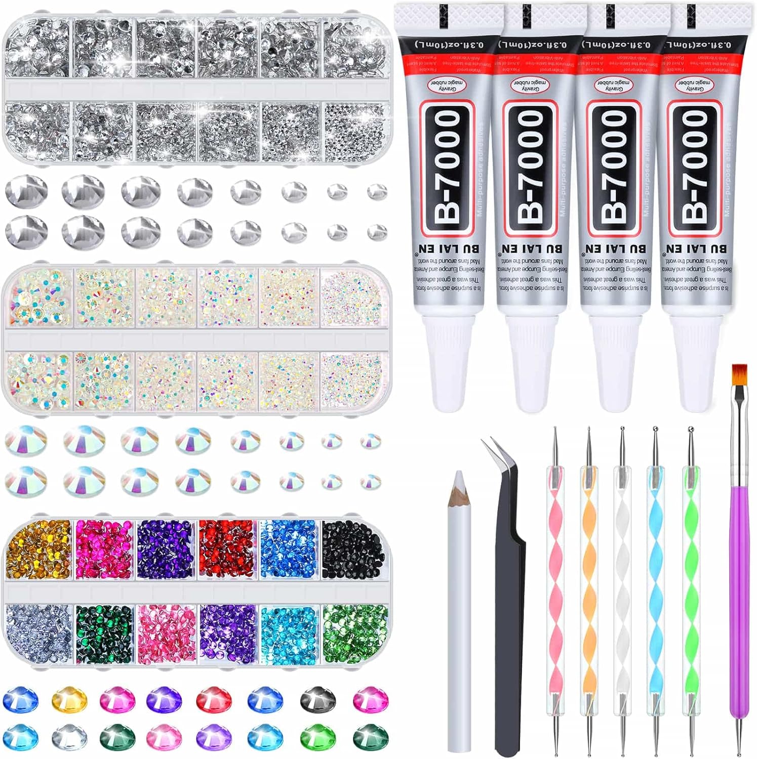 shynek B7000 Jewelry Glue with Rhinestones for Crafts, 6300Pcs Rhinestones with Gems Adhesive for Shoes Cloth Fabric with Picker Pencil for Crafting Diamond Art Graduation Cap Decorations