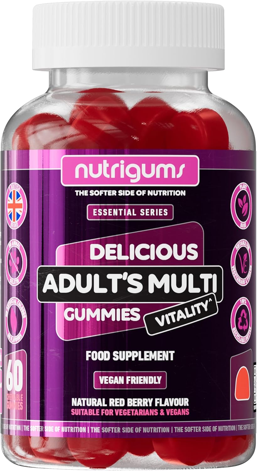 Adult Multi Vitality Gummy | 11 Essential Vitamins & Minerals A,D,E,C,B3,B6,B5,B12,Biotin, Zinc & Iodine | Mixed Berry Flavour | 60 Vegan Gummies | Support Wellbeing & Immune System by NUTRIGUMS®