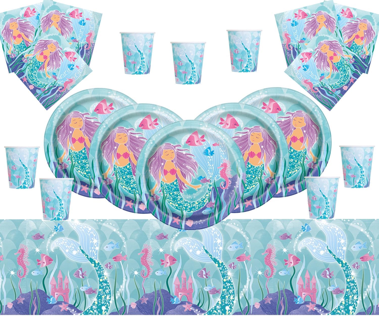 Mermaid Party Supplies for Girls Birthday| Mermaid Birthday Party Tableware Kit for 16 Guests | Magical Mermaids Plates Cups Napkins Table Cover