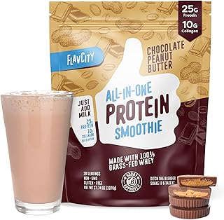 FlavCity Protein Powder Smoothie, Chocolate Peanut Butter - 100% Grass-Fed Whey Protein Smoothie with Collagen (25g of Protein) - Gluten Free & No Added Sugars (37.74 oz)