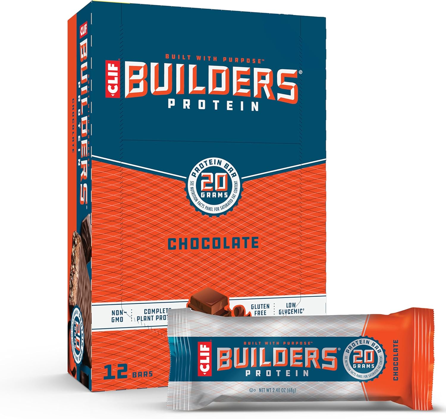 CLIF Builders - Chocolate Flavor - Protein Bars - Gluten-Free - Non-GMO - Low Glycemic - 20g Protein - 2.4 oz. (12 Count)