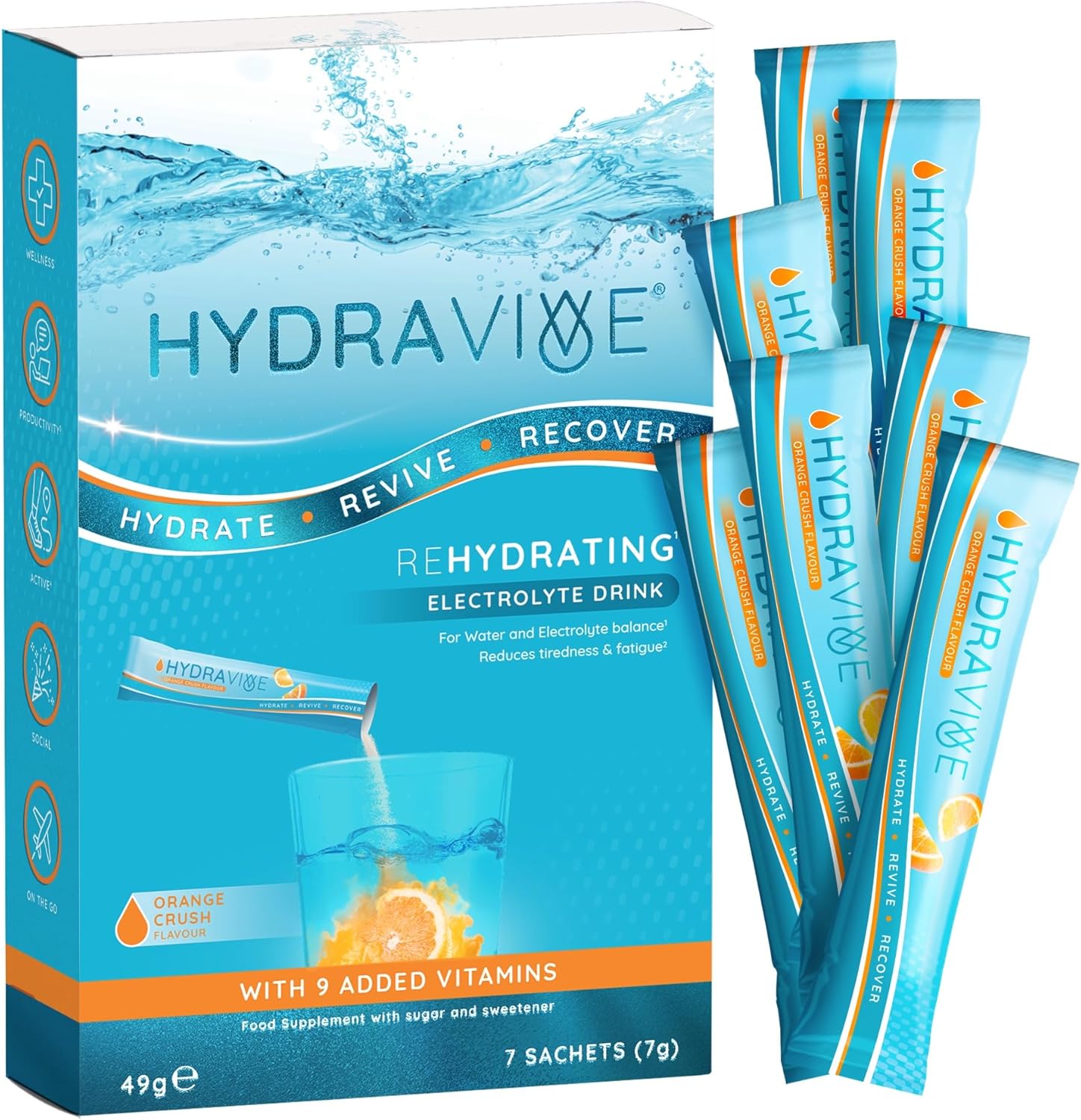 Hydravive® Rehydration Electrolytes Powder - High Strength Vitamin C and All 8 B Vitamins: B1, B3, B5, B12 Supplement Sachet Drink - Effervescent Electrolyte Hydration Tablets - 7 Pack Orange