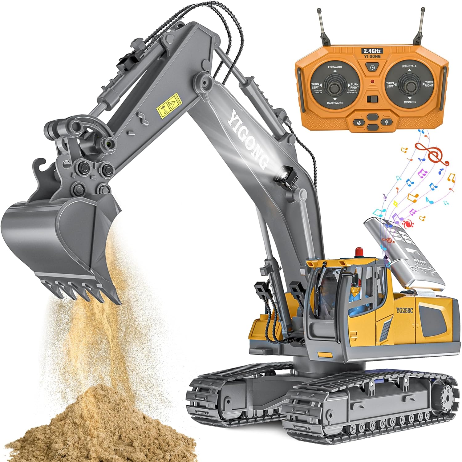 Remote Control Excavator Toy, Rechargeable 11 Channel 2.4Ghz RC Construction Vehicles with Metal Shovel for Kids, 680° Rotation with Lights and Sound - 1/20 Scale Digger for Boys 6-12