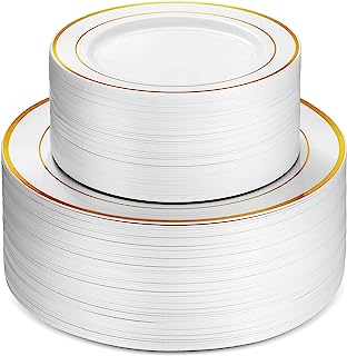 Munfix 100 Piece Plastic Party Plates White Gold Rim, 50 Premium Heavy Duty 10.25 Inch Dinner Plates and 50 Disposable 7.5 Inch Dessert Appetizer Elegant Fancy Heavy Duty Wedding Plates