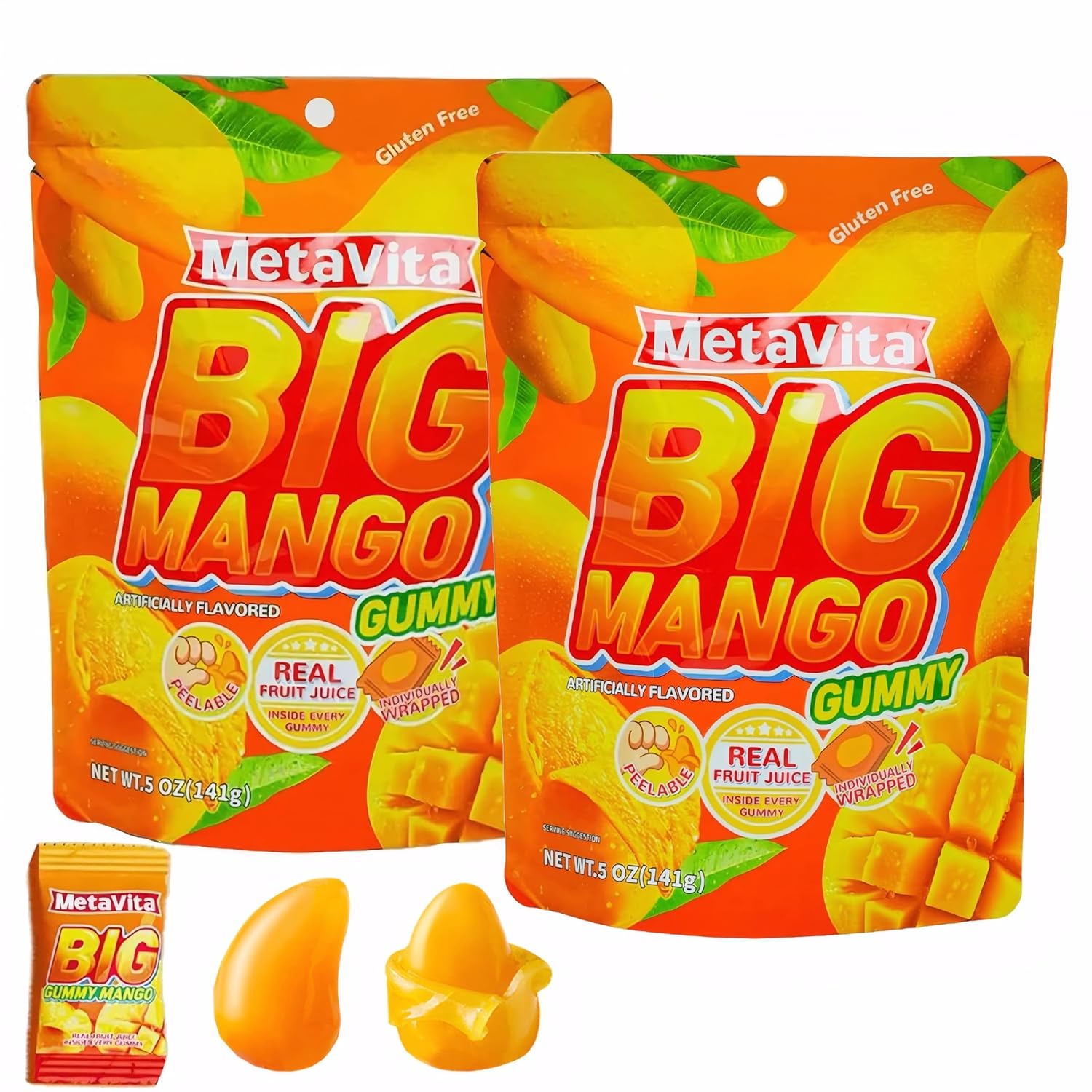 (2 Packs) MetaVita - Big Mango Gummy Candy – Individually Wrapped Peelable Mango Gummies with Real Puree – Chewy, Gluten-Free – Total 10oz