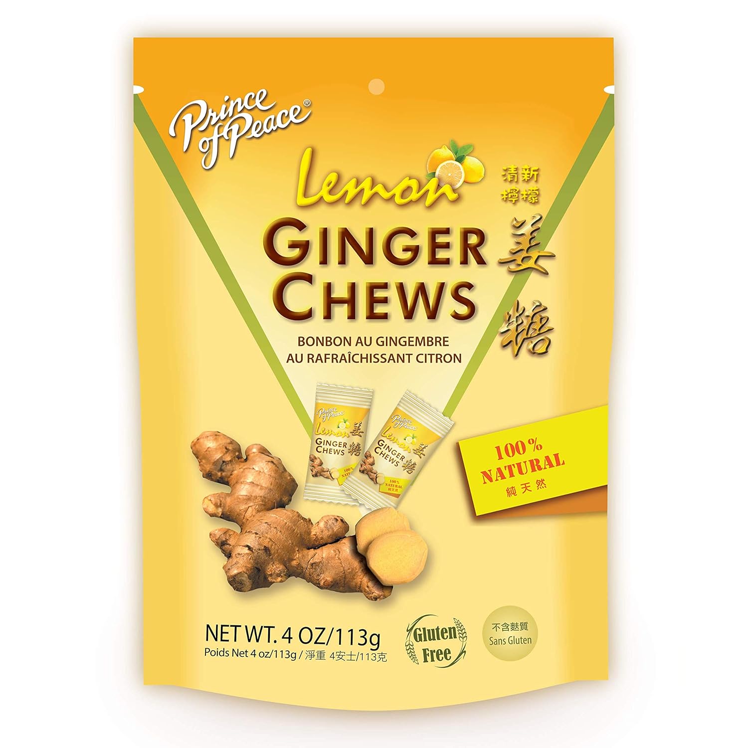 Prince Of Peace Ginger Chews With Lemon, 4 oz. – Candied Ginger – Lemon Candy – Lemon Ginger Chews – Natural Candy – Ginger Candy for Nausea