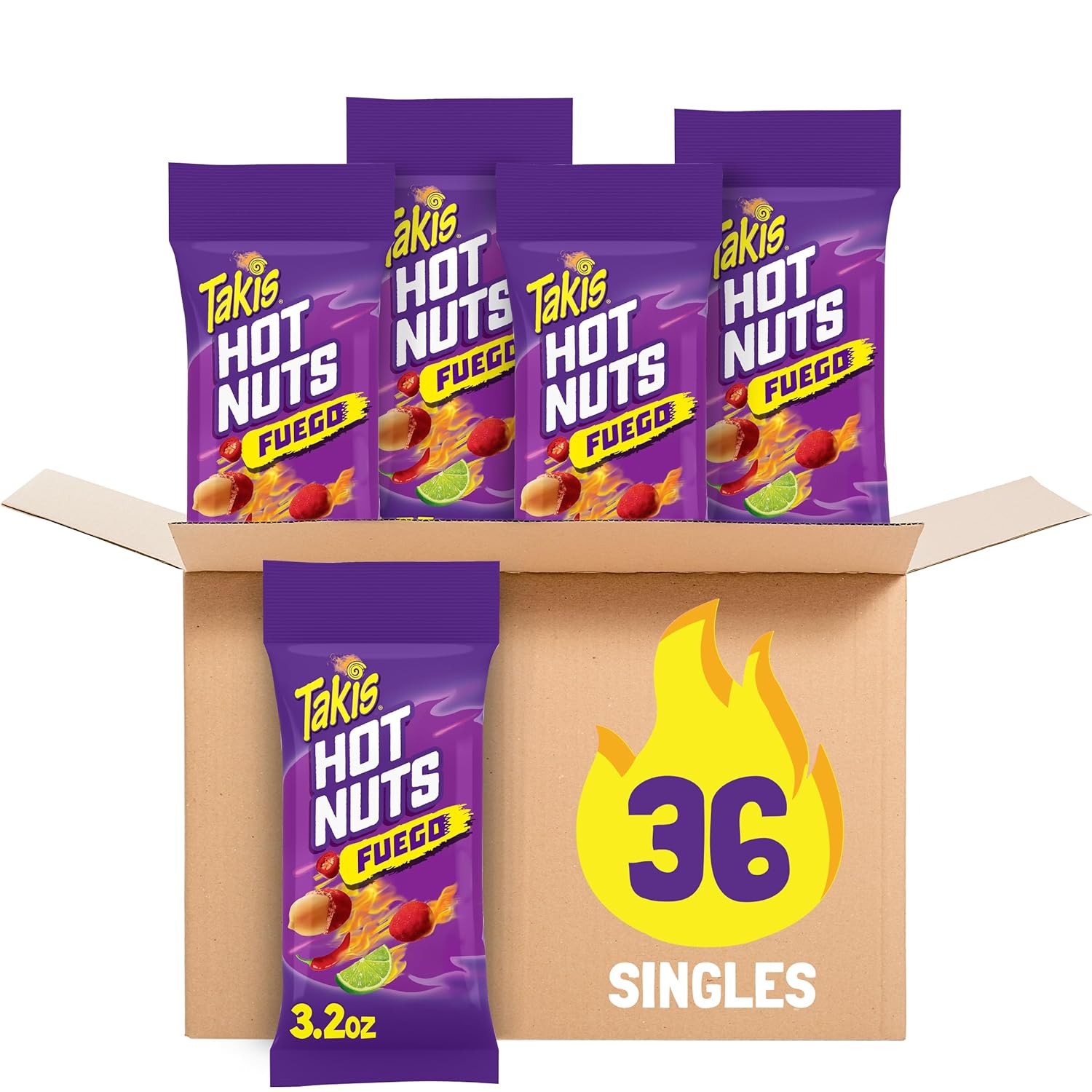 Takis Fuego Hot Nuts 36 Pack / 3.2 oz Snack Size Case, Hot Chili Pepper & Lime Flavored Extreme Spicy Double-Crunch Peanuts
