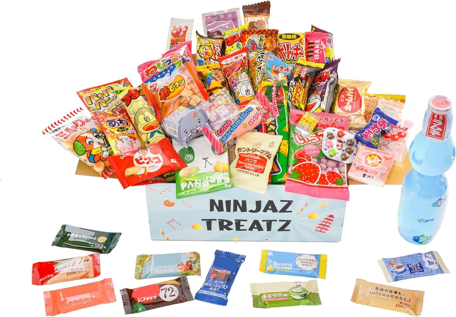 51 Japanese Snacks Box 40 Japanese Candy and 10 Japanese Chocolate bar assortment 1 Ramune bottle