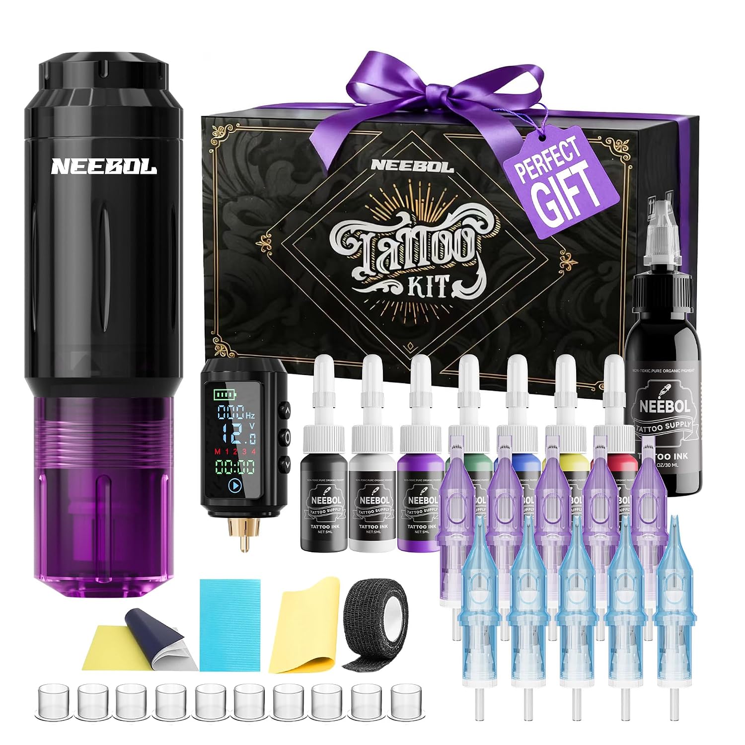 Neebol Wireless Tattoo Gun Kit, Complete Tattoo Set for Beginners & Artists | Purple Tattoo Machine with 1600mAh Battery, Lining/Shading Cartridges Tattoo Supplies, Full Tattoo Kit for Home & Studio