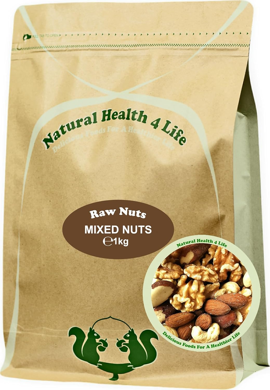 Natural Health 4 Life Snack Nut Mixes Whole Mixed Nuts (Walnuts, Almonds, Cashews, Brazils) 1 kg in Resealable Pouch (1 Pouch)