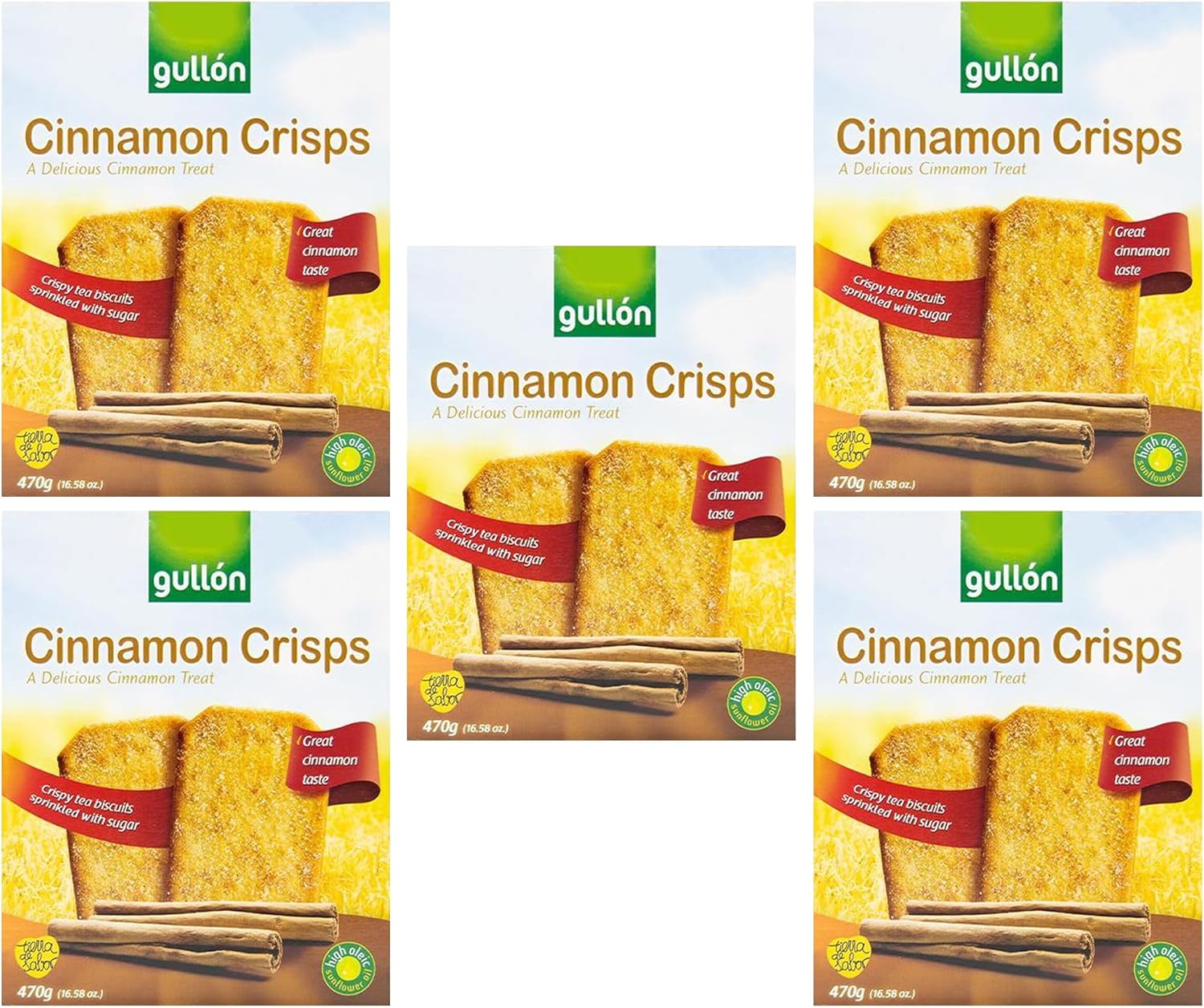 Gullon Cinnamon Crisps 470g | A Delicious Cinnamon Treat | Crispy Tea Biscuits Sprinkled With Sugar | Traditional Spain Cinnamon-Toasted Breakfast (Cinnamon Crisps 470g, 5 Pack)