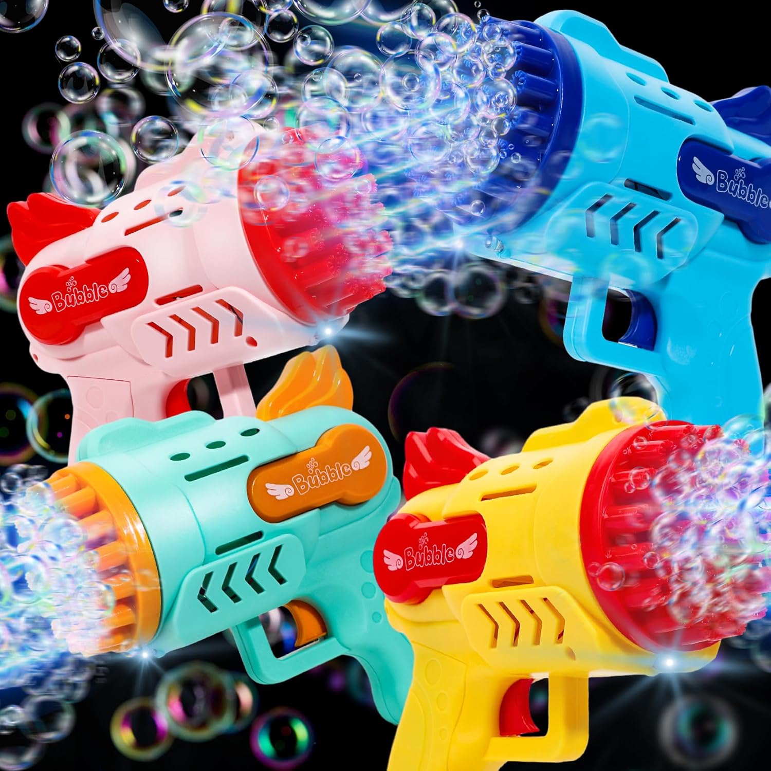 Roberly 4PCS Bubble Machine Gun, 29 Holes Bubble Gun for Kids Ages 4-8 with 4 Bottle Refill Solution & LED Light for Party Favors Summer Toy Birthday Gift