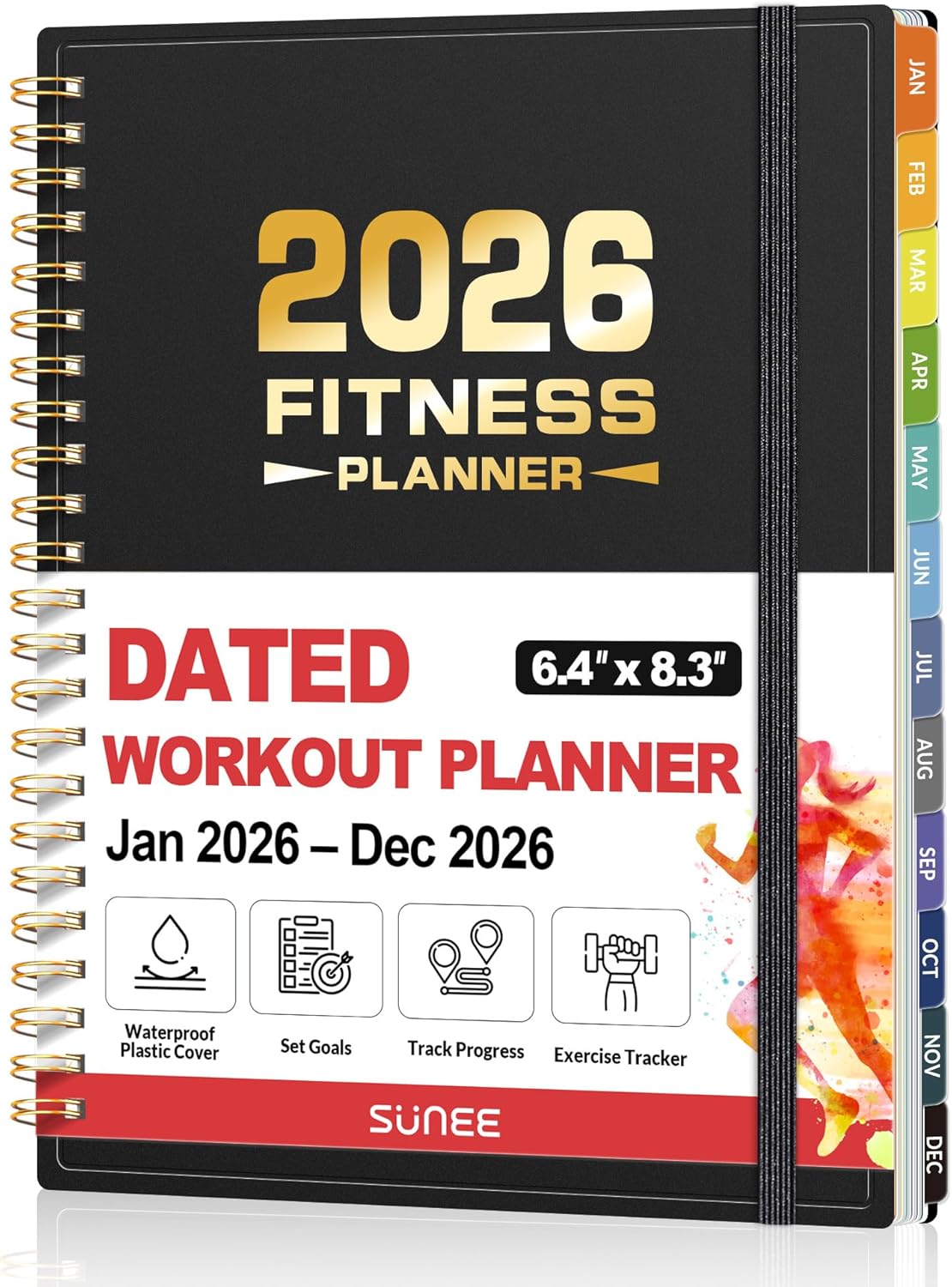 2026 Fitness Workout Journal Planner for Women & Men, JAN 2026 - DEC 2026 Exercise Planner, 6.4" x 8.3" Workout Calendar Journal Essentials Gift for Goals, Tracking, Gifts with PVC Plastic Cover,Black