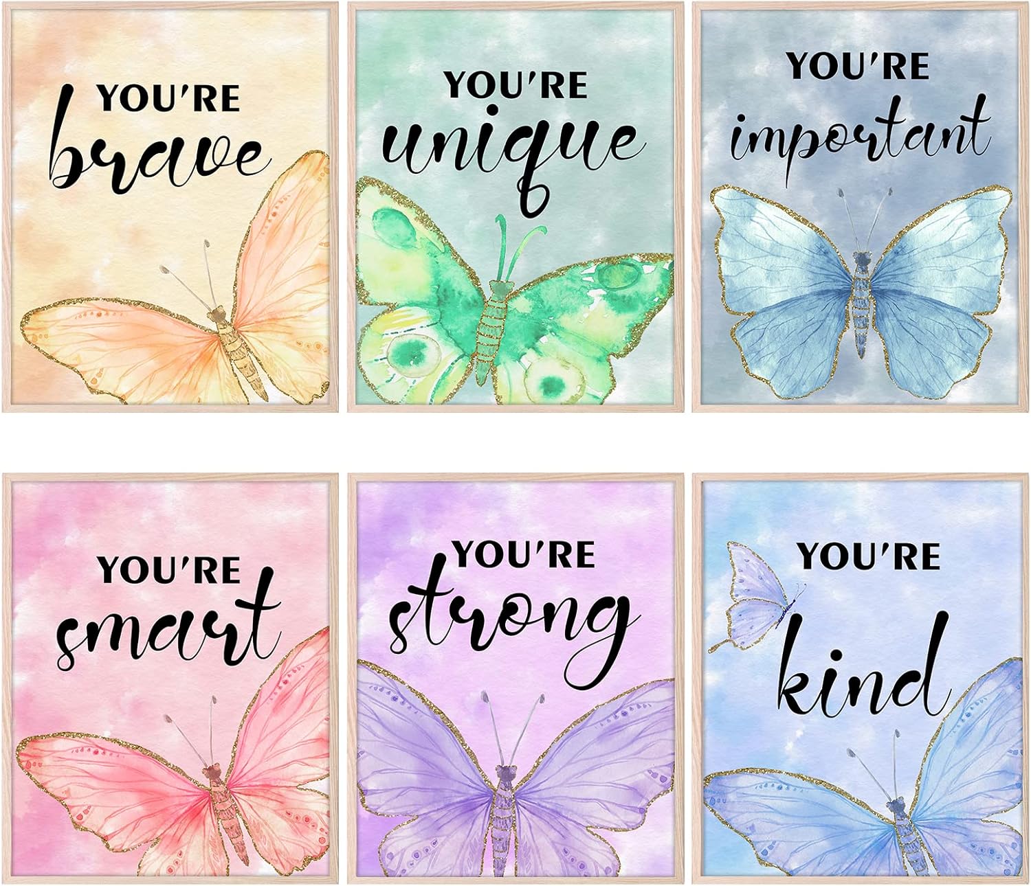 HOMANGA Wall Art Posters, Butterfly Wall Decor for Girls Room, 8X10 Inch, Unframed, Set of 6