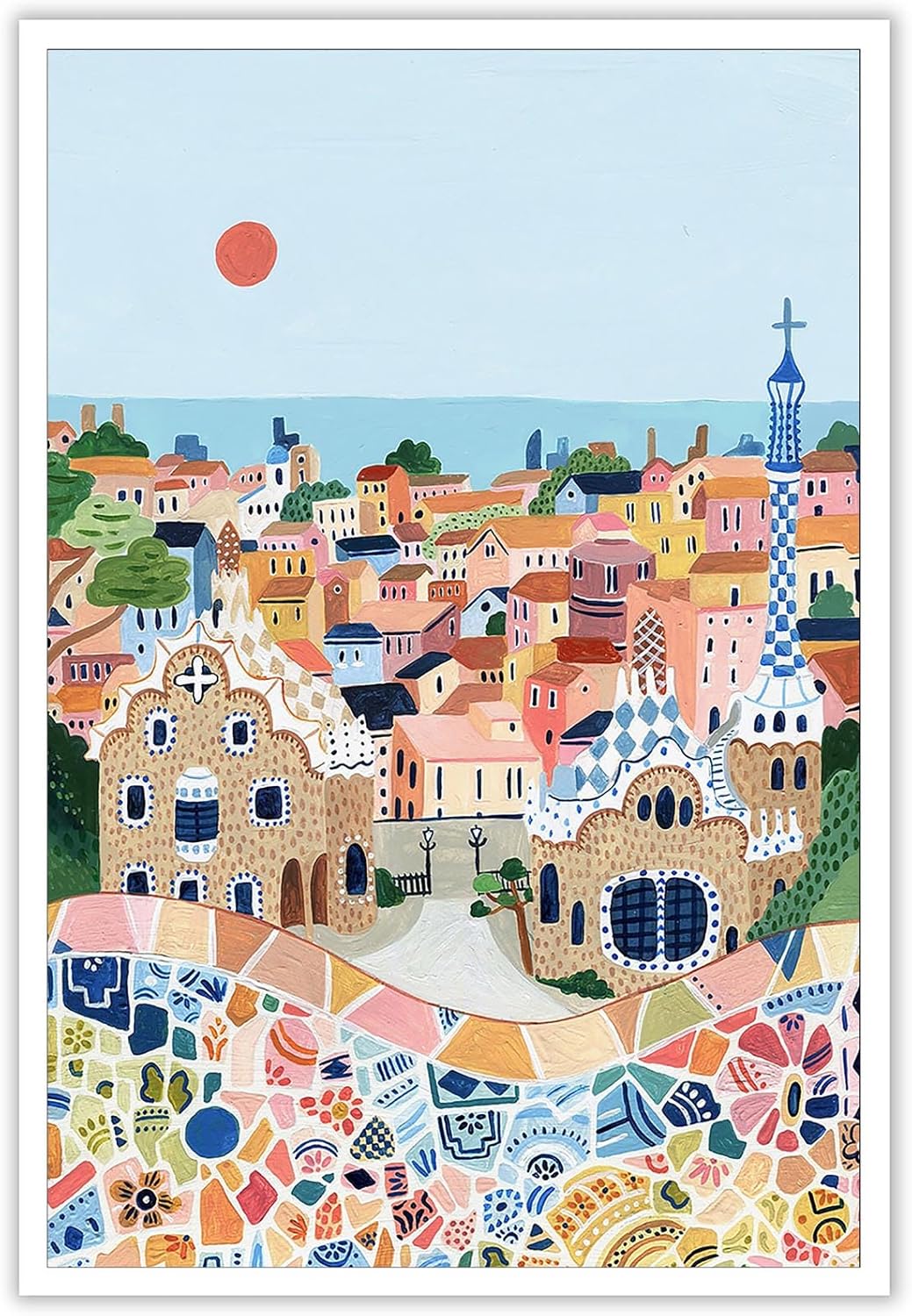 KIJDID Barcelona Santorini Positano Retro Trendy Posters Colorful Room Aesthetic Wall Art Beautiful Small Town Scenery Artistic Atmosphere Prints For Home Bedroom Dorm Wall Decor 12x16in Unframed