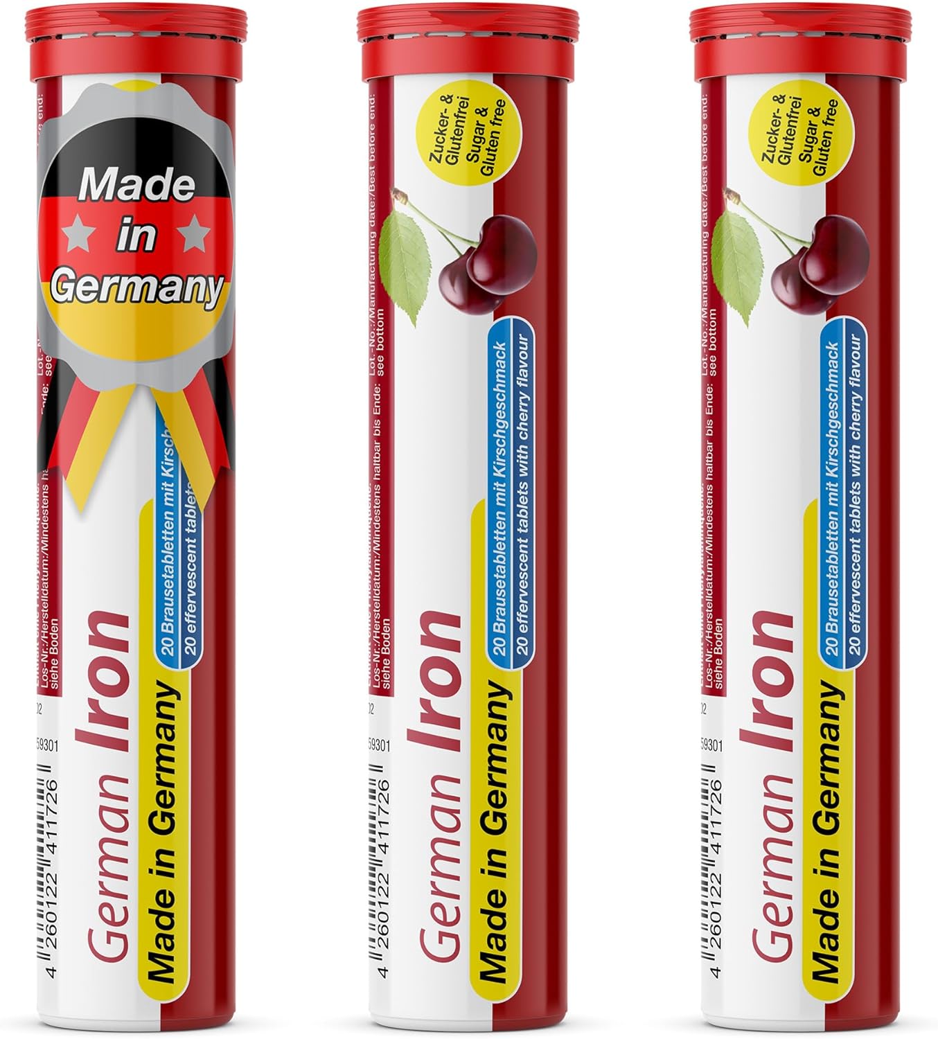 German Iron Drink Effervescent Tablets 60 Servings - Cherry Flavour – 14 mg Iron, Sugar Free, Vegan – T&D Pharma – Made in Germany