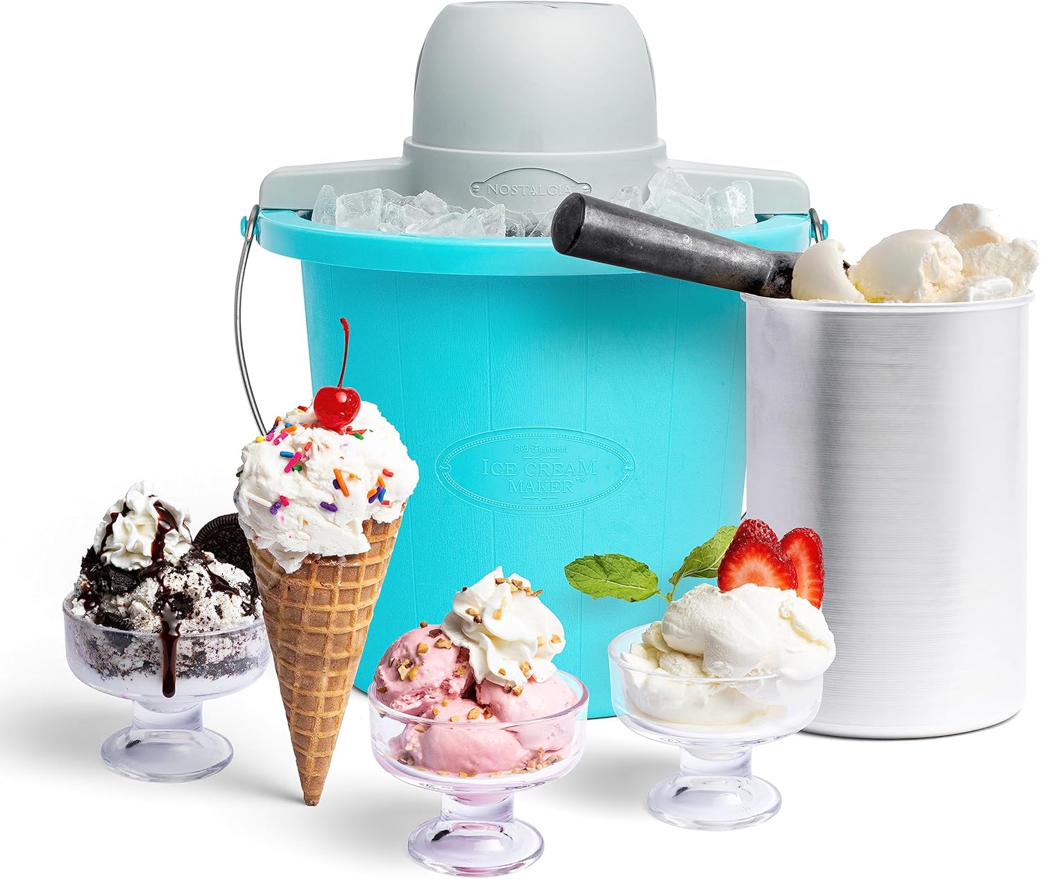 Nostalgia Electric Ice Cream Maker - Old Fashioned Soft Serve Ice Cream Machine Makes Frozen Yogurt or Gelato in Minutes - Fun Kitchen Appliance - Blue - 4 Quart