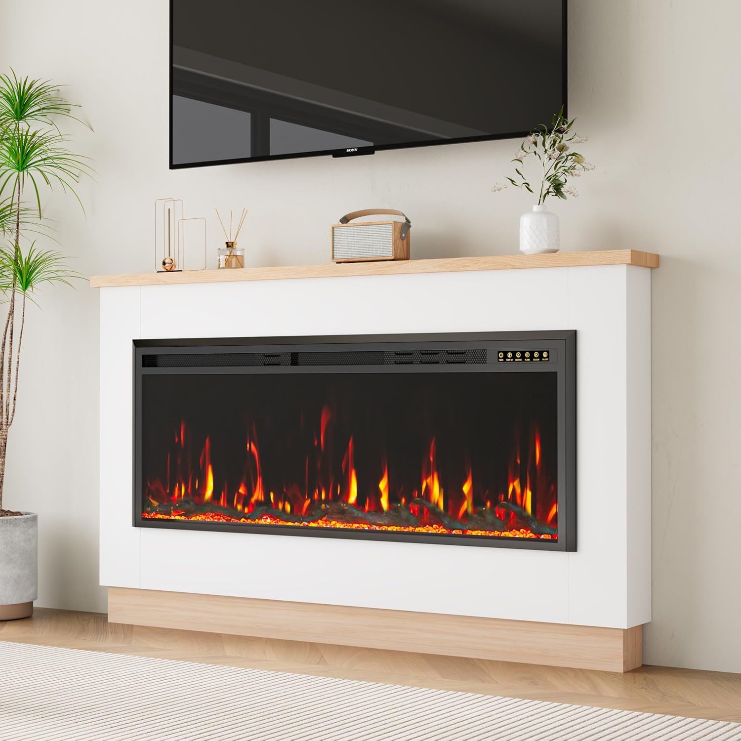 60" Electric Fireplace with Mantel for 50" Insert, Weyderk Ultra-Thin 5.5" Surround, 750/1500W Heater with 12 Flame Effects, 1-8 Hours Timer, Wall Mounted TV Stand for Livingroom, White