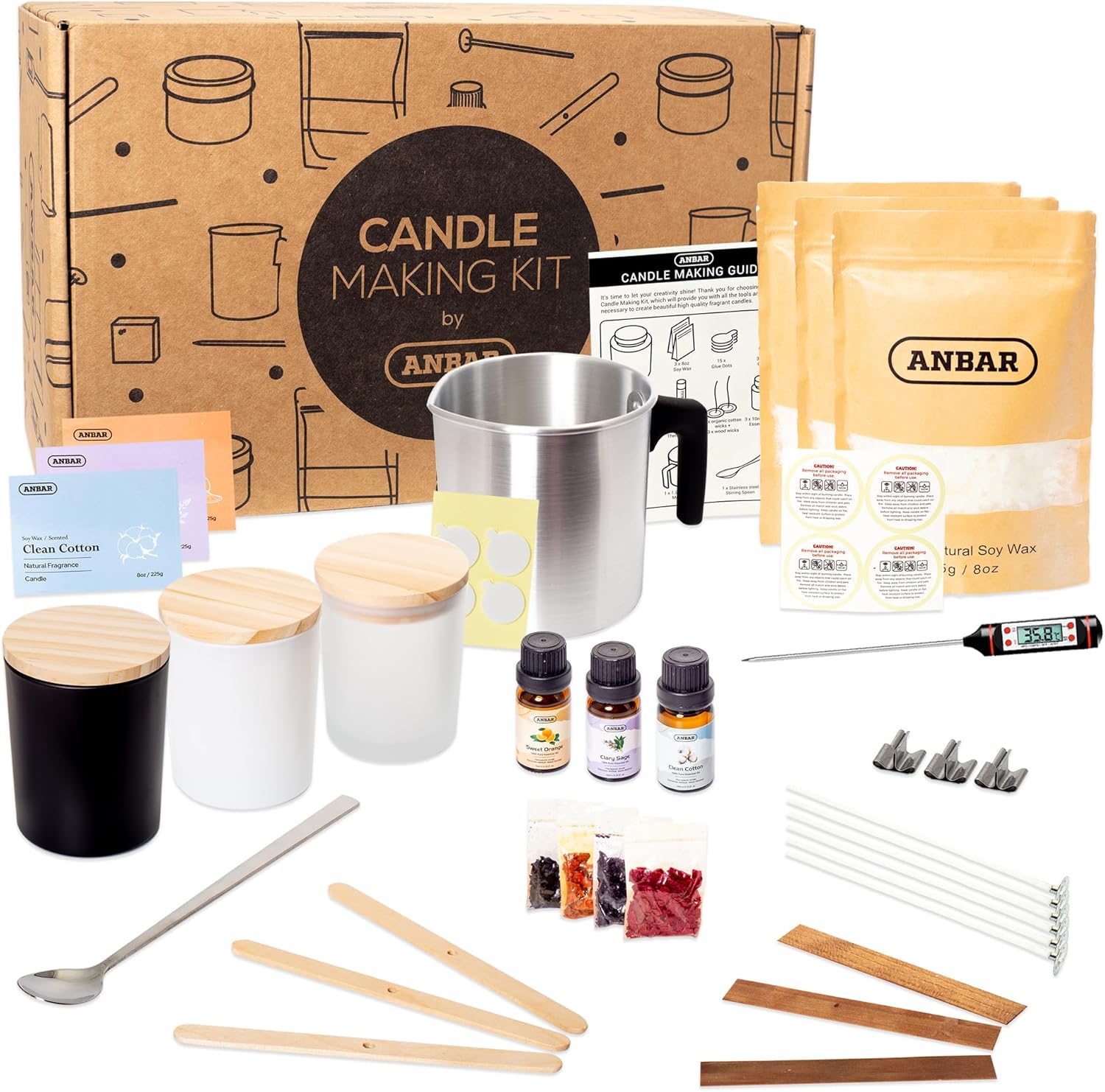 Anbar DIY Candle Making Kit for Adults with Natural Soy Wax, Cotton Wicks, Essential Oils, Glass Jars, Thermometer, Labels, and Essential Accessories for Scented Votive Candles, Fun Hobby Crafting Set