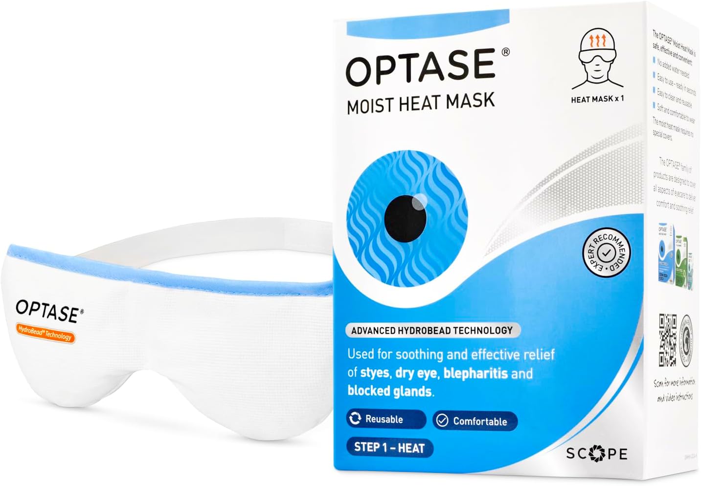 Optase Moist Heat Eye Mask - Reusable with HydroBead Technology for Soothing Relief from Blepharitis, MGD and Dry Eyes