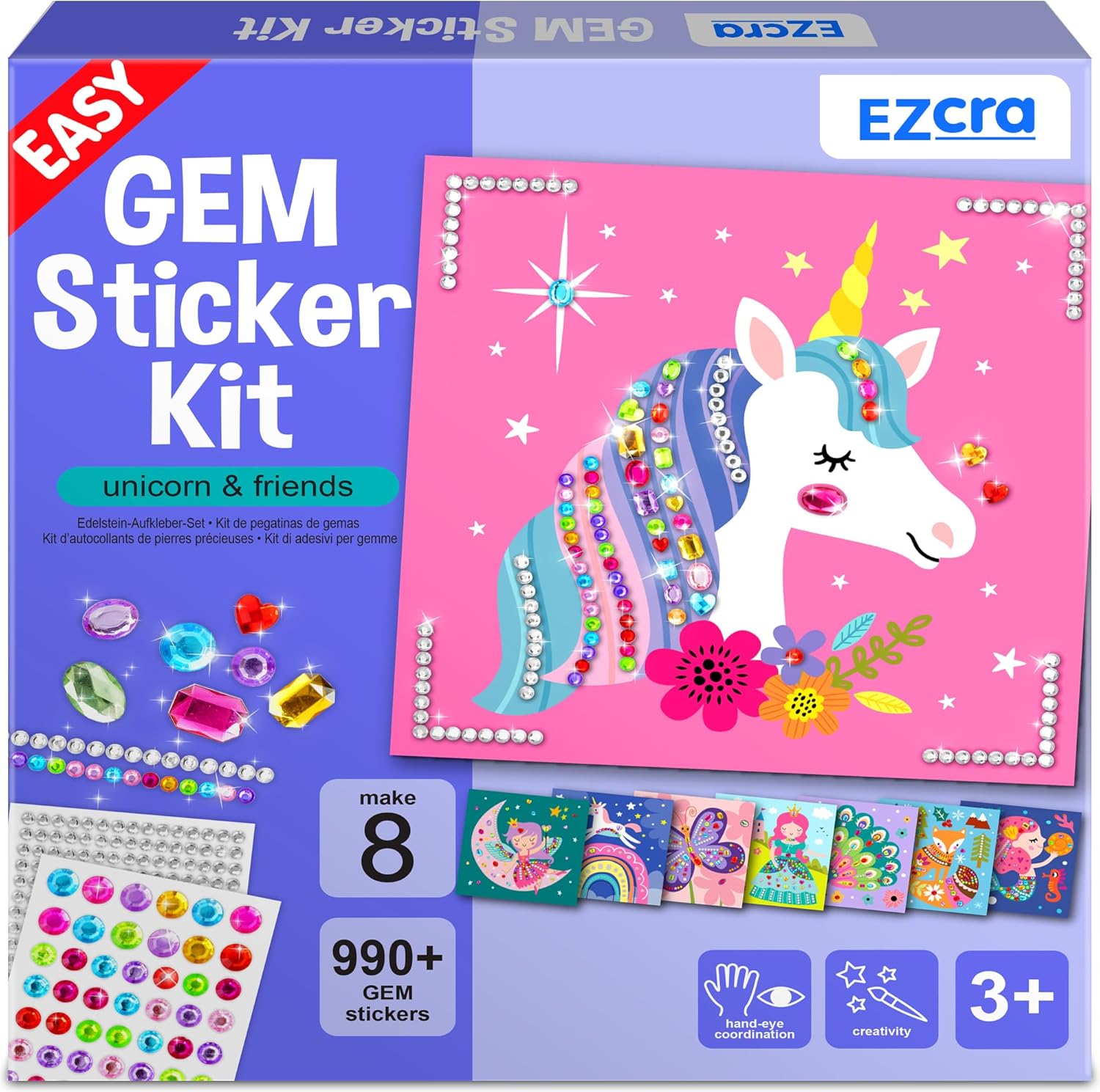 EZCRA Easy Arts and Crafts for Kids - Fun Gem Sticker Kit - 8 Unicorn Princess Themes, 990+ Stickers - Gem Art for Kids - Diamond Art Kits - Toys for Boys and Girls Age 3,4,5,6,7,8