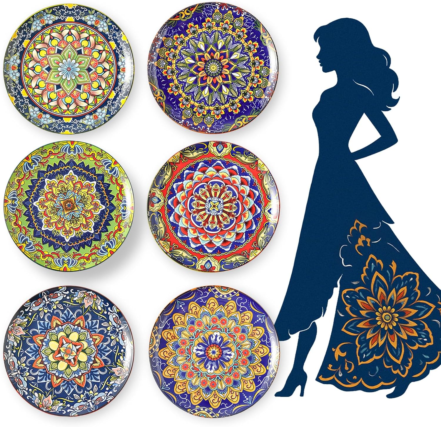 AHX Ceramic Dinner Plate Set of 6-10.5 Inch Large Porcelain Plates for Pasta, Salad and Steak - Microwave and Dishwasher Safe - Colorful Bohemian Style Great for Party, Gift and Family Use