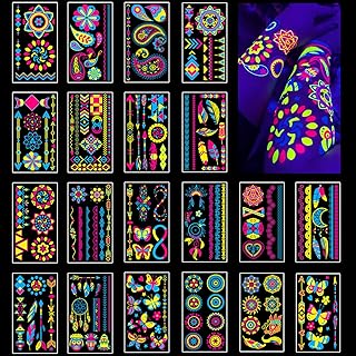 Temporary Tattoos 170 Neon UV Blacklight Reactive Glow in The Dark Tattoos, Adult Kids Body Face Arm Fake Tattoos, Blacklight Neon Party Decorations, Glow in The Dark Party Supplies, Rave Accessories
