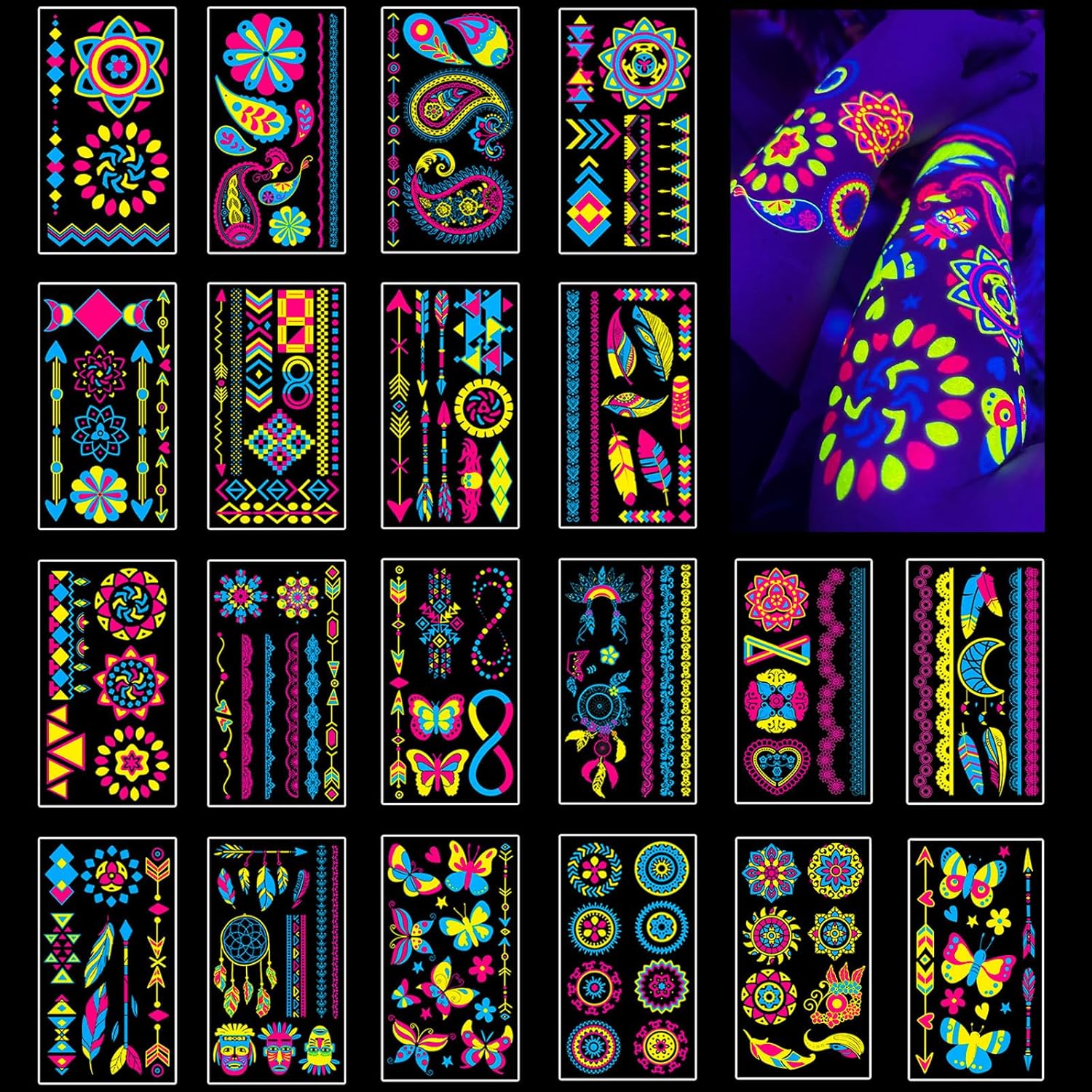 Temporary Tattoos 170 Neon UV Blacklight Reactive Glow in The Dark Tattoos, Adult Kids Body Face Arm Fake Tattoos, Blacklight Neon Party Decorations, Glow in The Dark Party Supplies, Rave Accessories