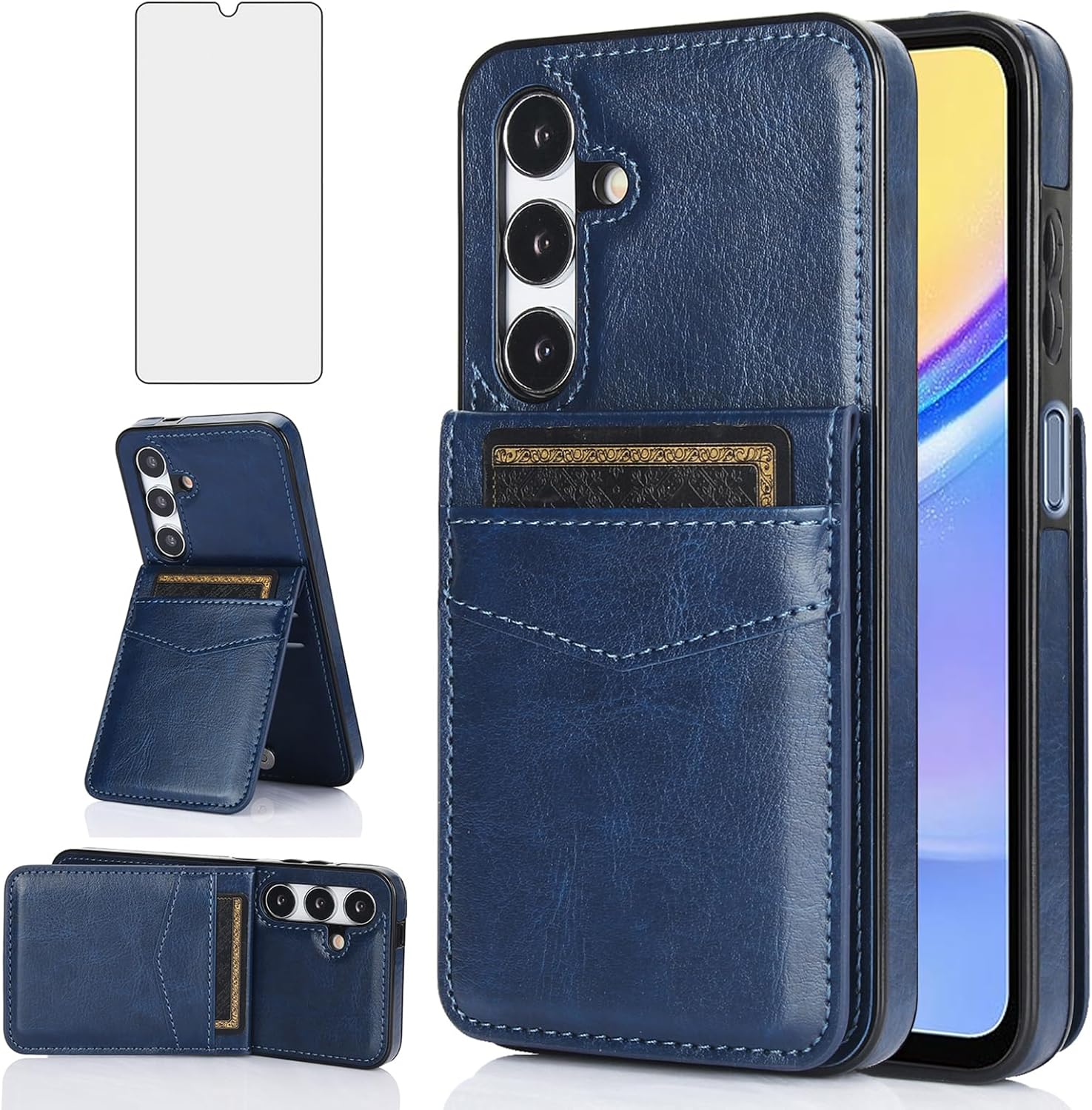 Asuwish Phone Case for Samsung Galaxy A15 5G/4G with Tempered Glass Screen Protector Credit Card Holder Wallet Cover Stand Leather Cell Accessories Glaxay A 15 15A SM A156B A155F Women Men Blue