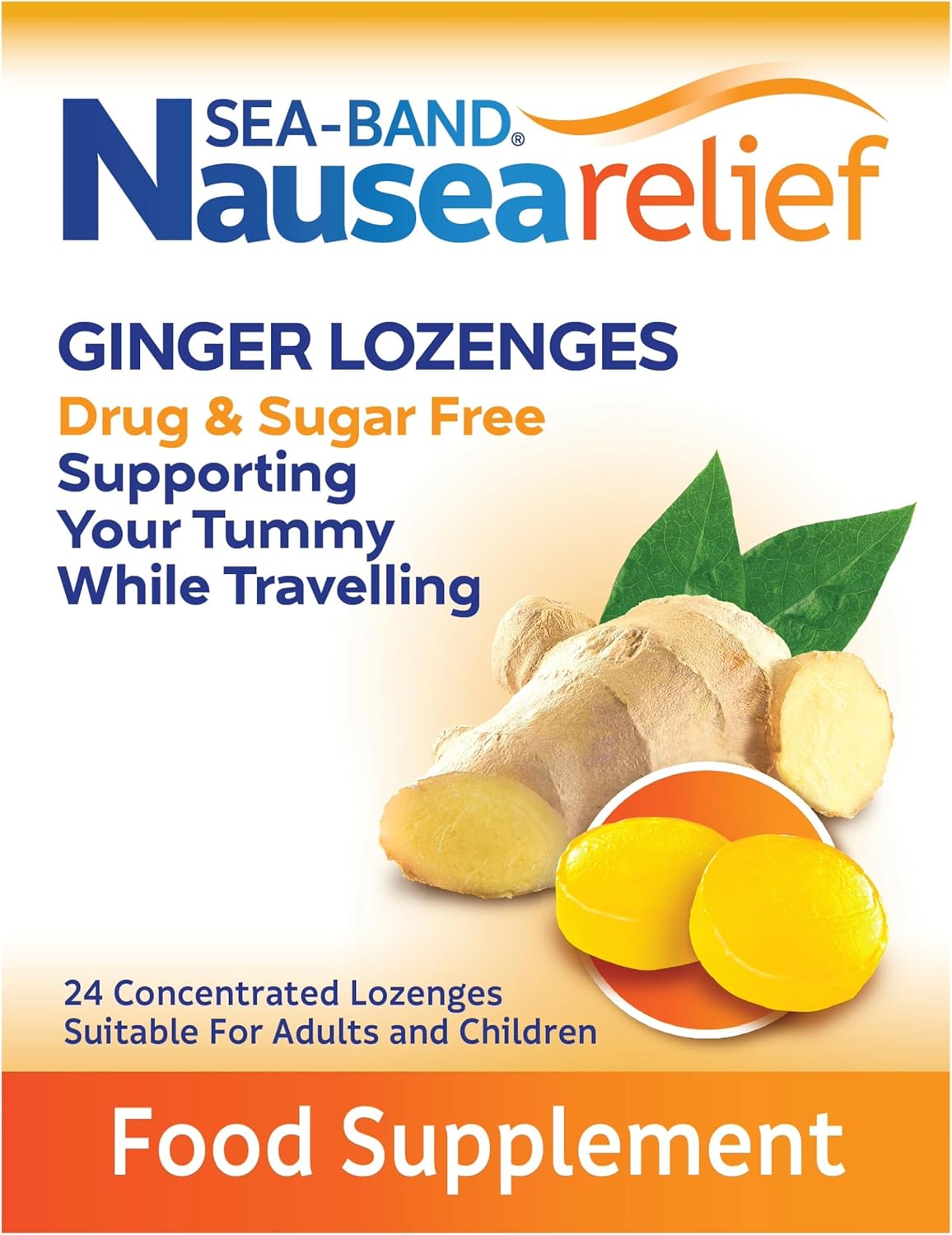 Sea-Band Travel Sickness Sugar Free Ginger Lozenges (24 Pack) for Adults and Children Over 6 Years, for Motion and Nausea Relief (24 Lozenges, Pack of 1)