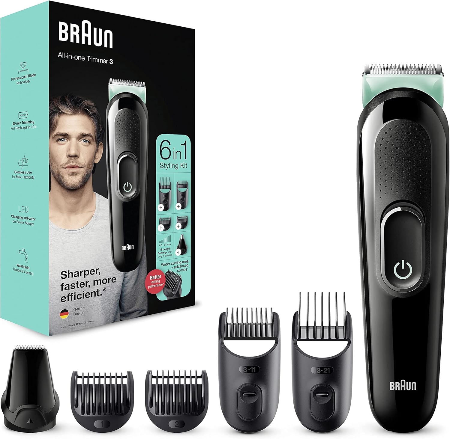 Braun 6-in-1 All-in-One Series 3, Male Grooming Kit with Beard Trimmer, Hair Clippers & Precision Trimmer, 5 Attachments, Gifts for Men, UK 2 Pin Plug, MGK3221, Black/Volt Green