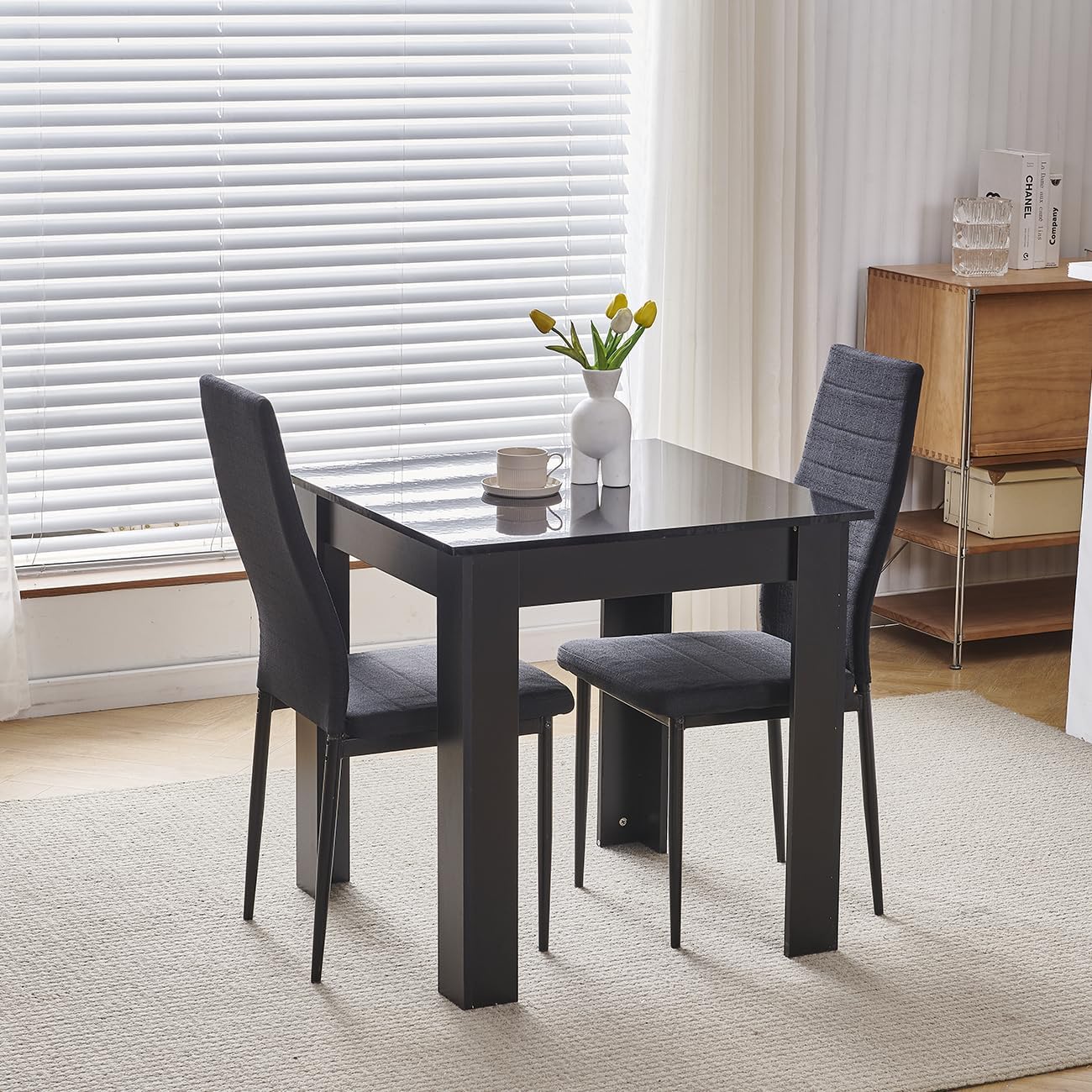NICEME Compact Dining Table and 2 Chairs, Small Dining Room Set for 2 Seater Kitchen Table with Chairs for Small Space Saving, Glossing Tabletop 75x75 cm (Black Table, 2 Seats, Linen Black #1)